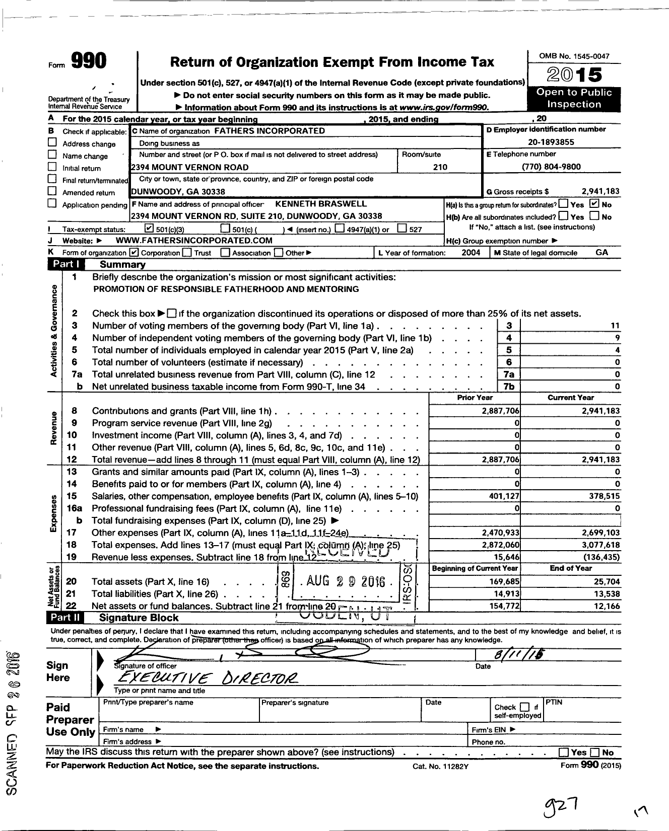 Image of first page of 2015 Form 990 for Fathers Incorporated