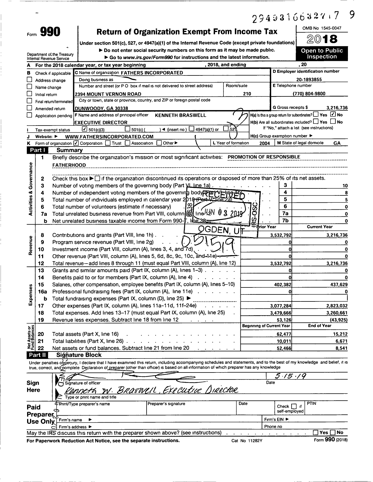 Image of first page of 2018 Form 990 for Fathers Incorporated