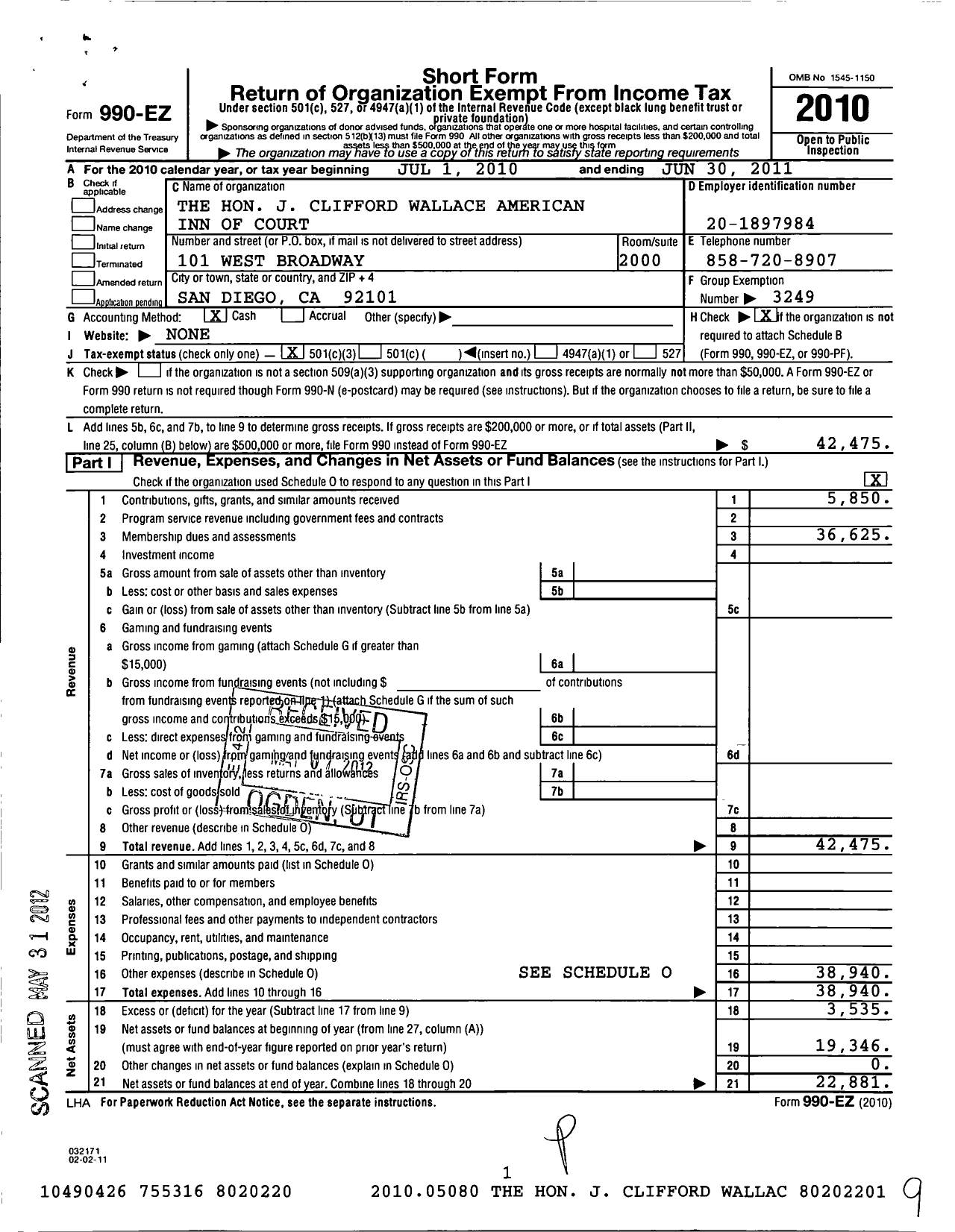 Image of first page of 2011 Form 990EZ for American Inns of Court Foundation - 30382 Hon J Clifford Wallace CHPTR