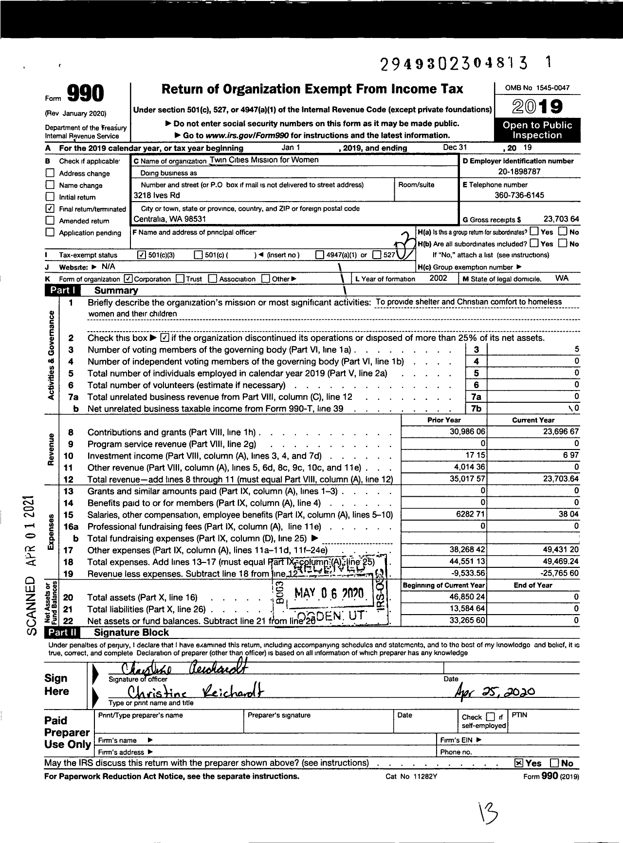 Image of first page of 2019 Form 990 for Twin Cities Mission for Women