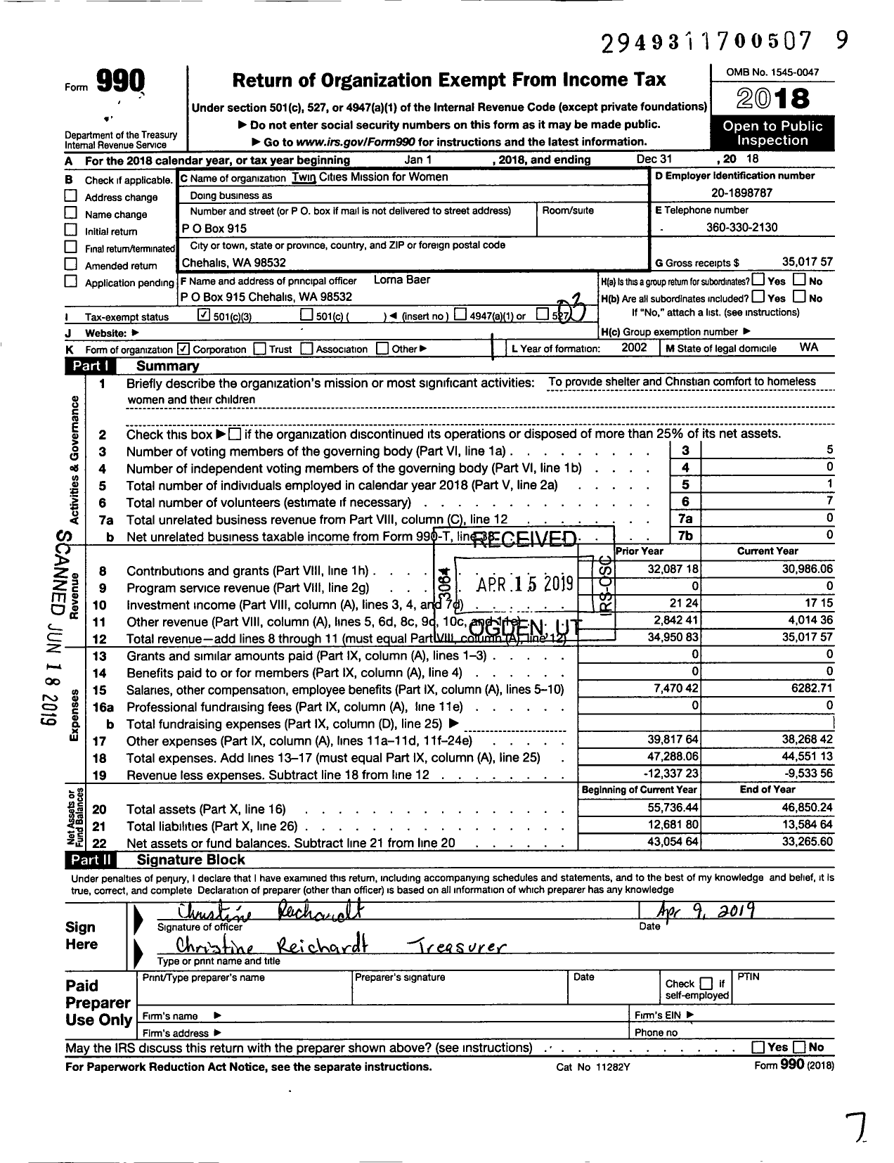 Image of first page of 2018 Form 990 for Twin Cities Mission for Women