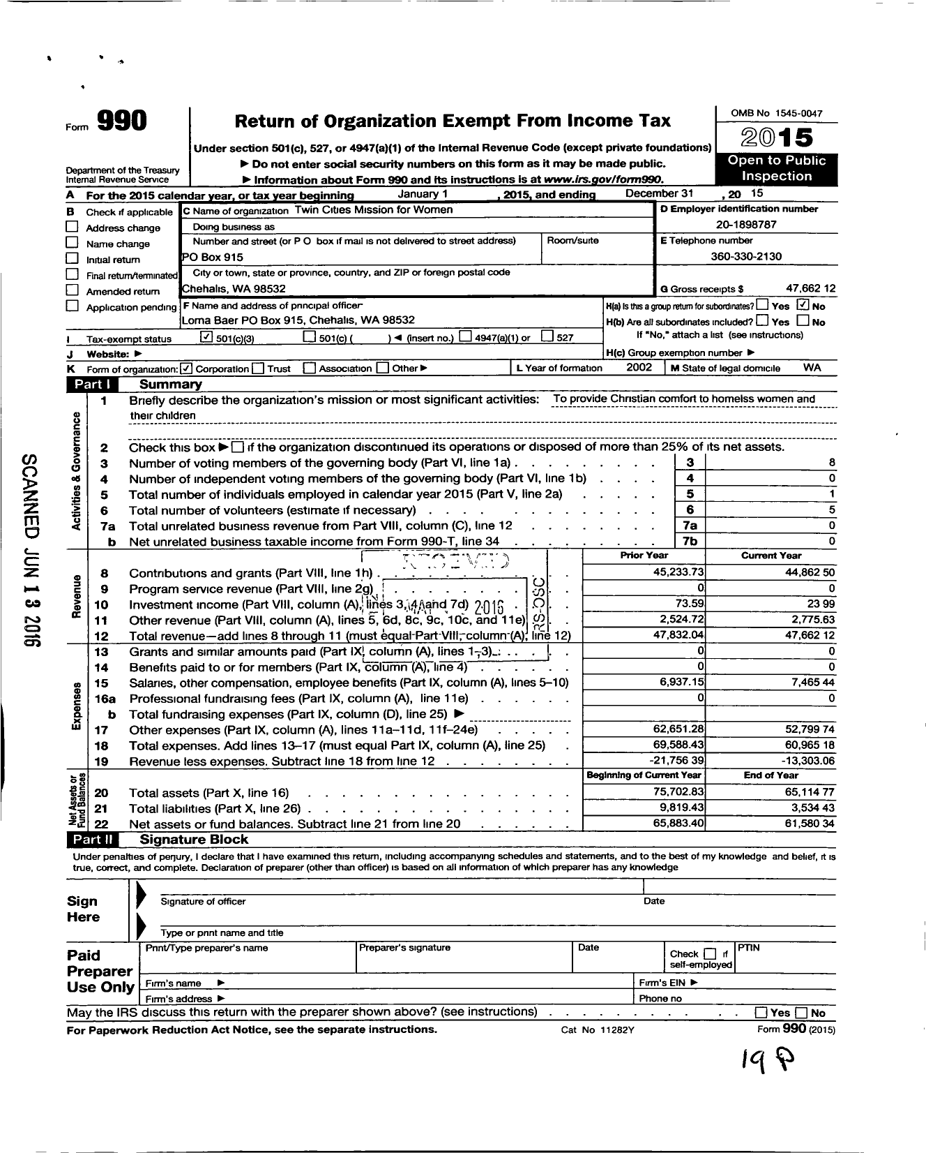 Image of first page of 2015 Form 990 for Twin Cities Mission for Women