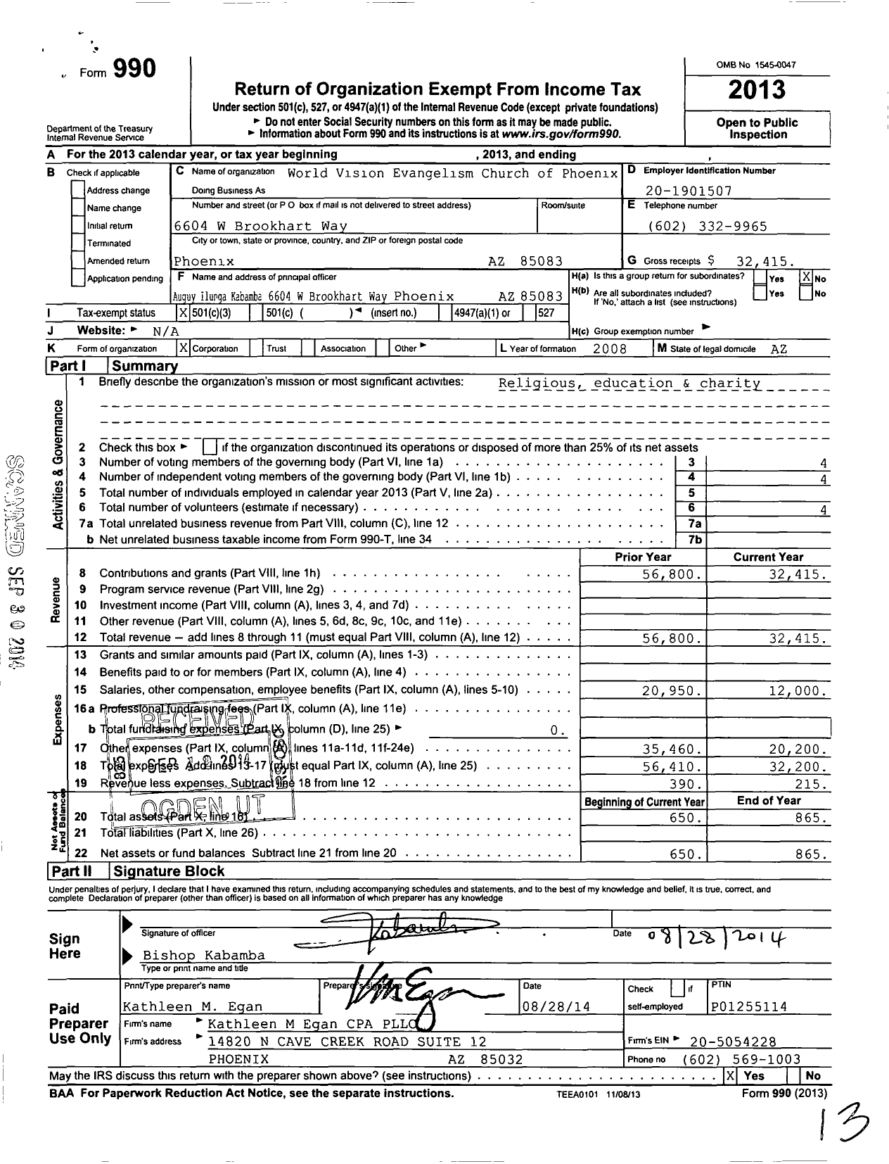 Image of first page of 2013 Form 990 for World Vision Evangelism Church of Phoenix