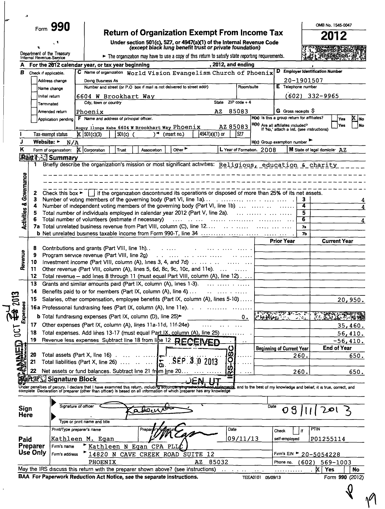 Image of first page of 2012 Form 990 for World Vision Evangelism Church of Phoenix