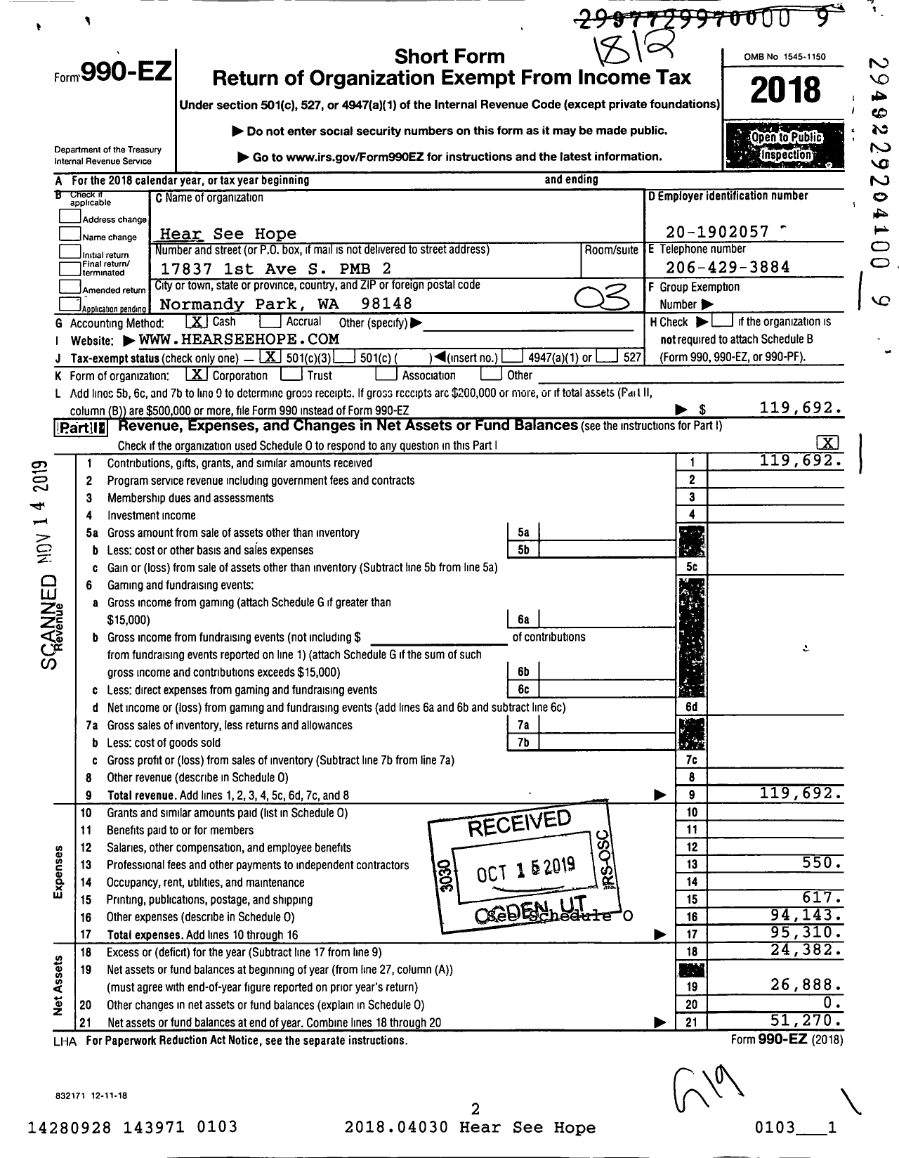 Image of first page of 2018 Form 990EZ for Hear See Hope