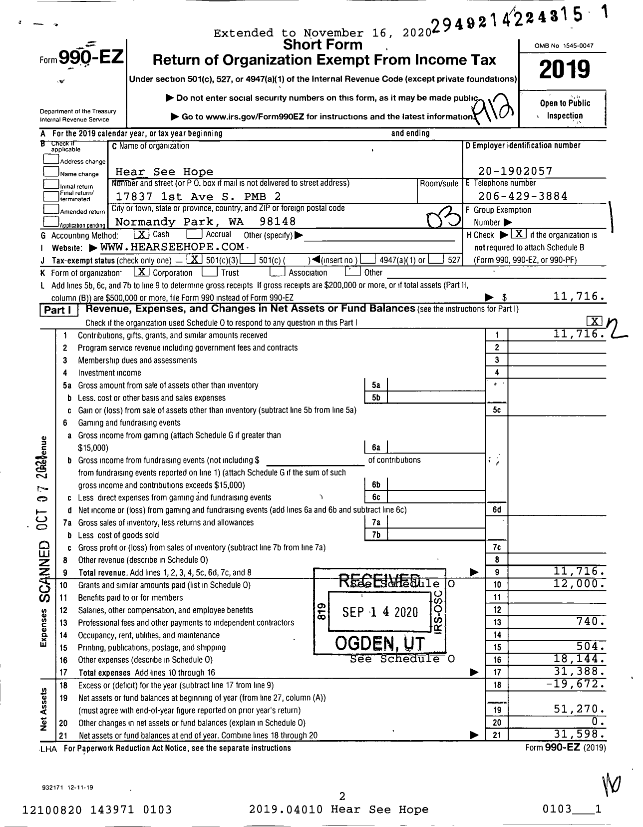 Image of first page of 2019 Form 990EZ for Hear See Hope