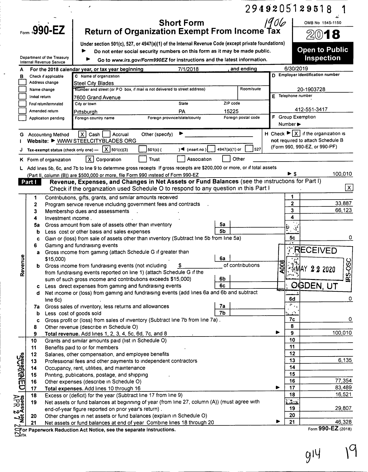 Image of first page of 2018 Form 990EZ for Steel City Blades