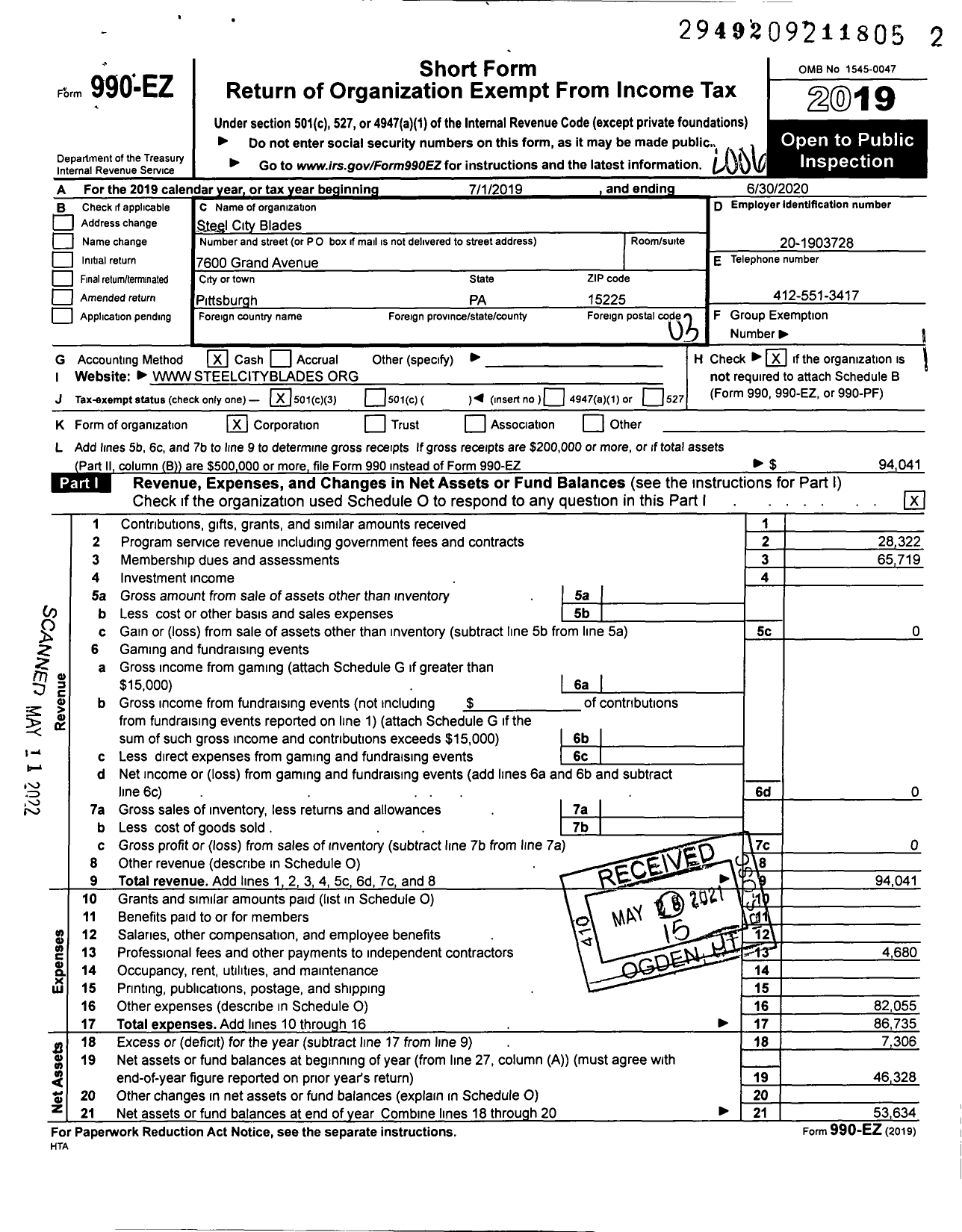 Image of first page of 2019 Form 990EZ for Steel City Blades