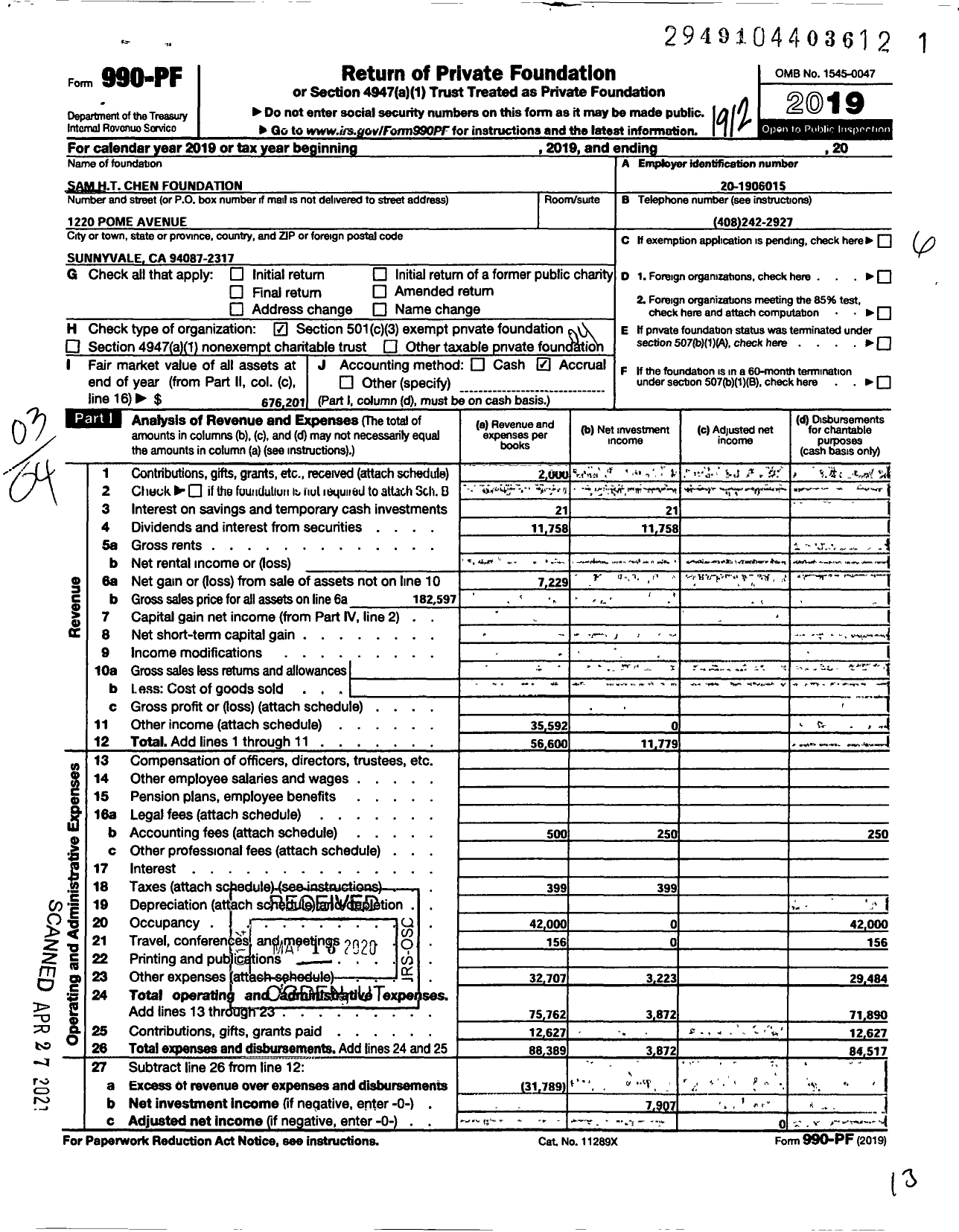 Image of first page of 2019 Form 990PF for Sam H T Chen Foundation