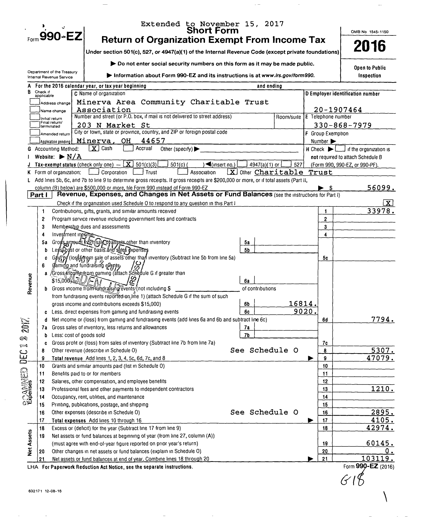 Image of first page of 2016 Form 990EZ for Minerva Area Community Charitable Trust Association