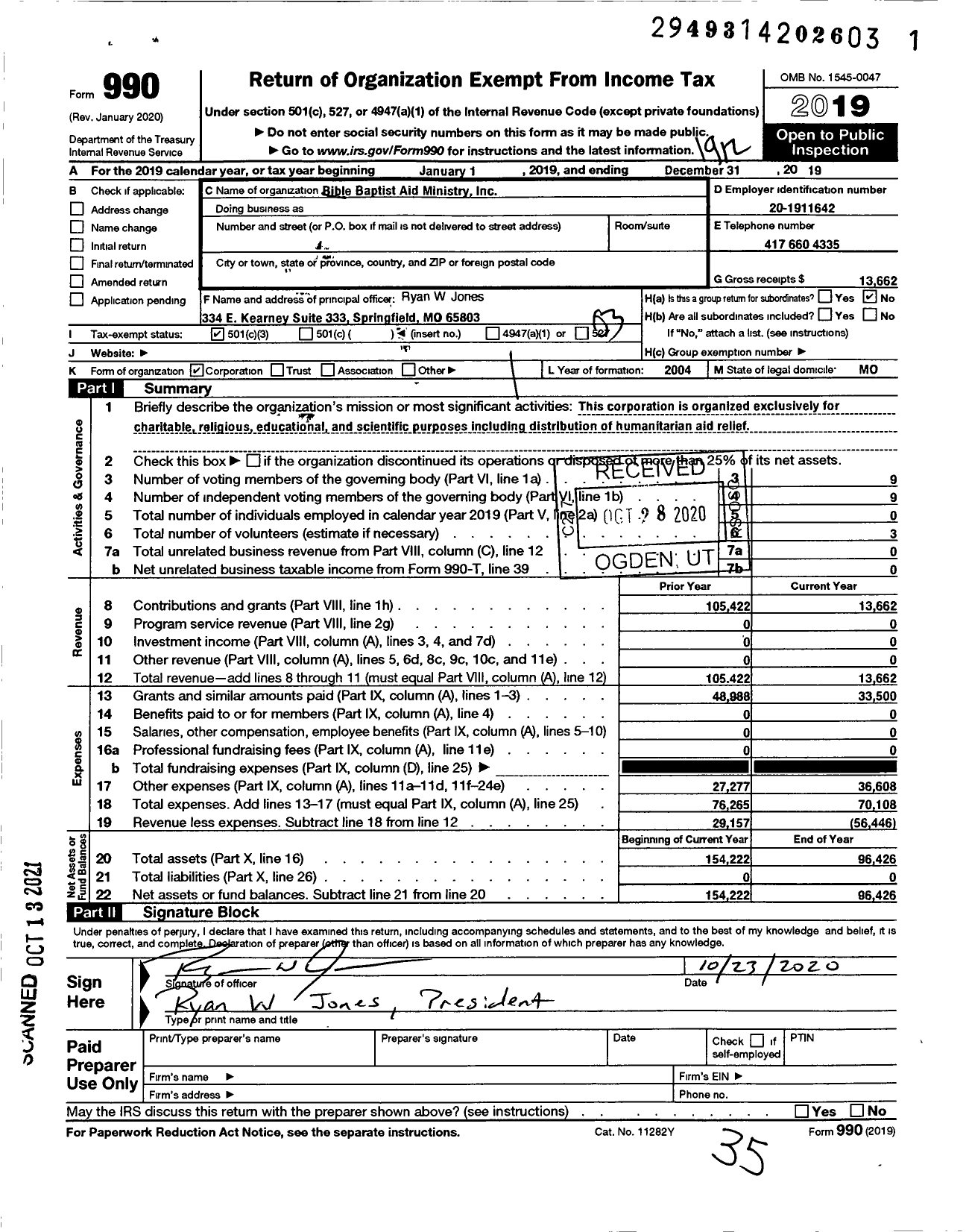 Image of first page of 2019 Form 990 for Bible Baptist Aid Ministry