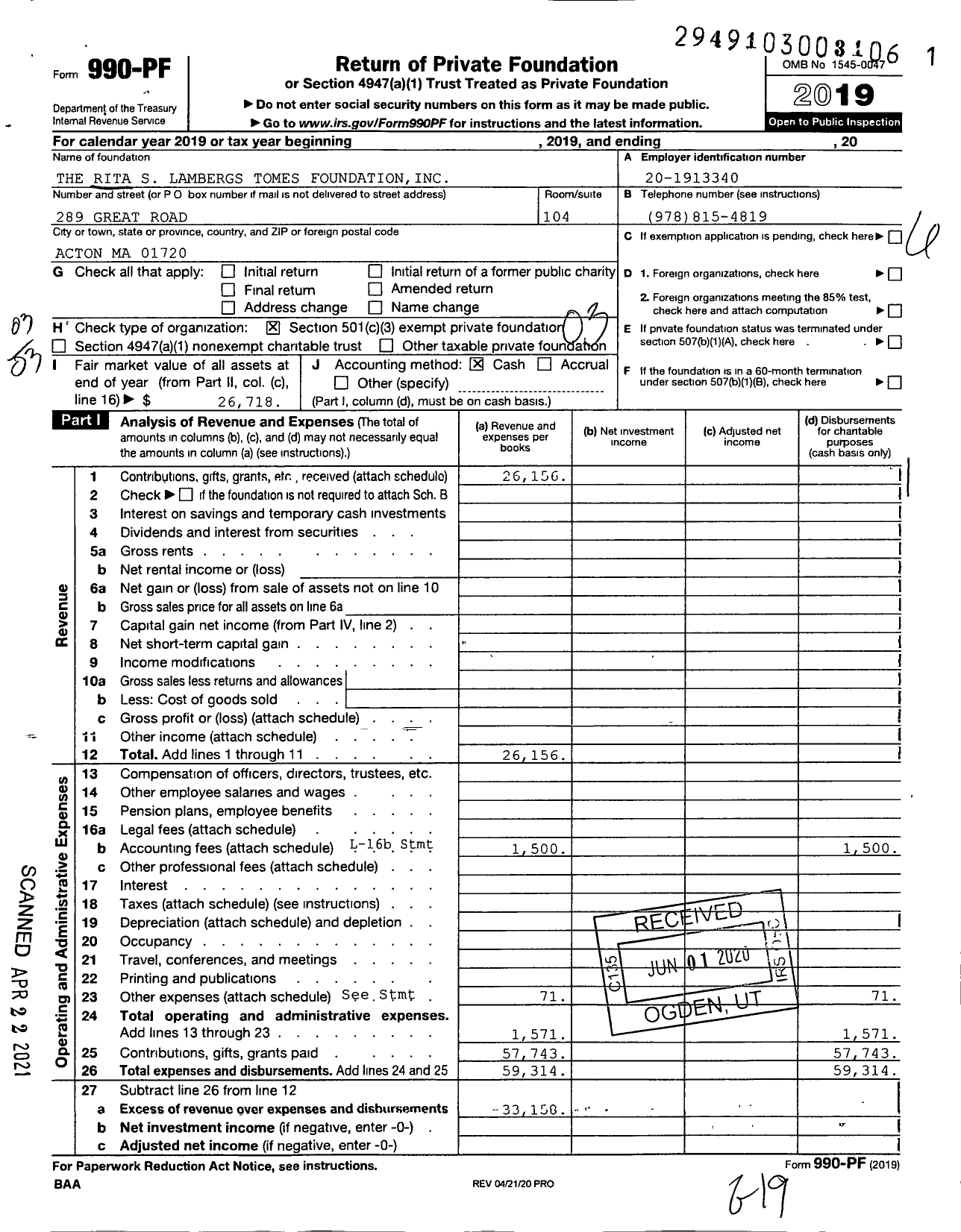 Image of first page of 2019 Form 990PF for The Rita S Lambergs Tomes Foundation