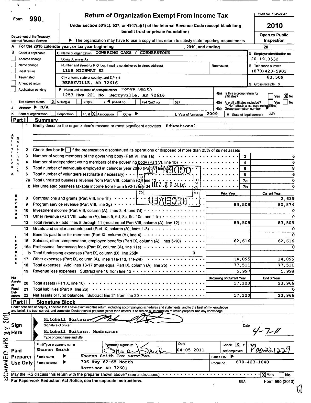 Image of first page of 2010 Form 990 for Towering Oakscornerstone