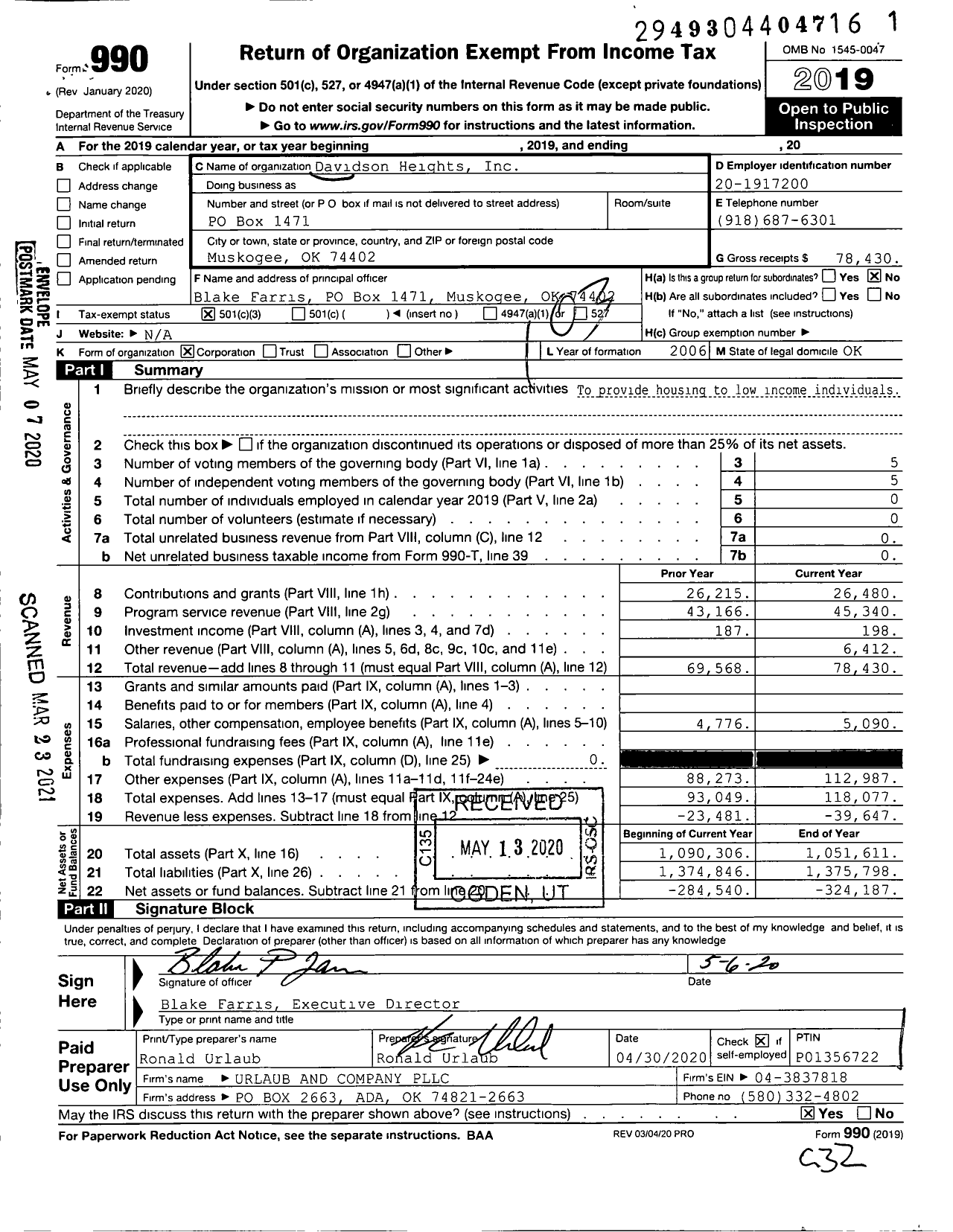 Image of first page of 2019 Form 990 for Davidson Heights