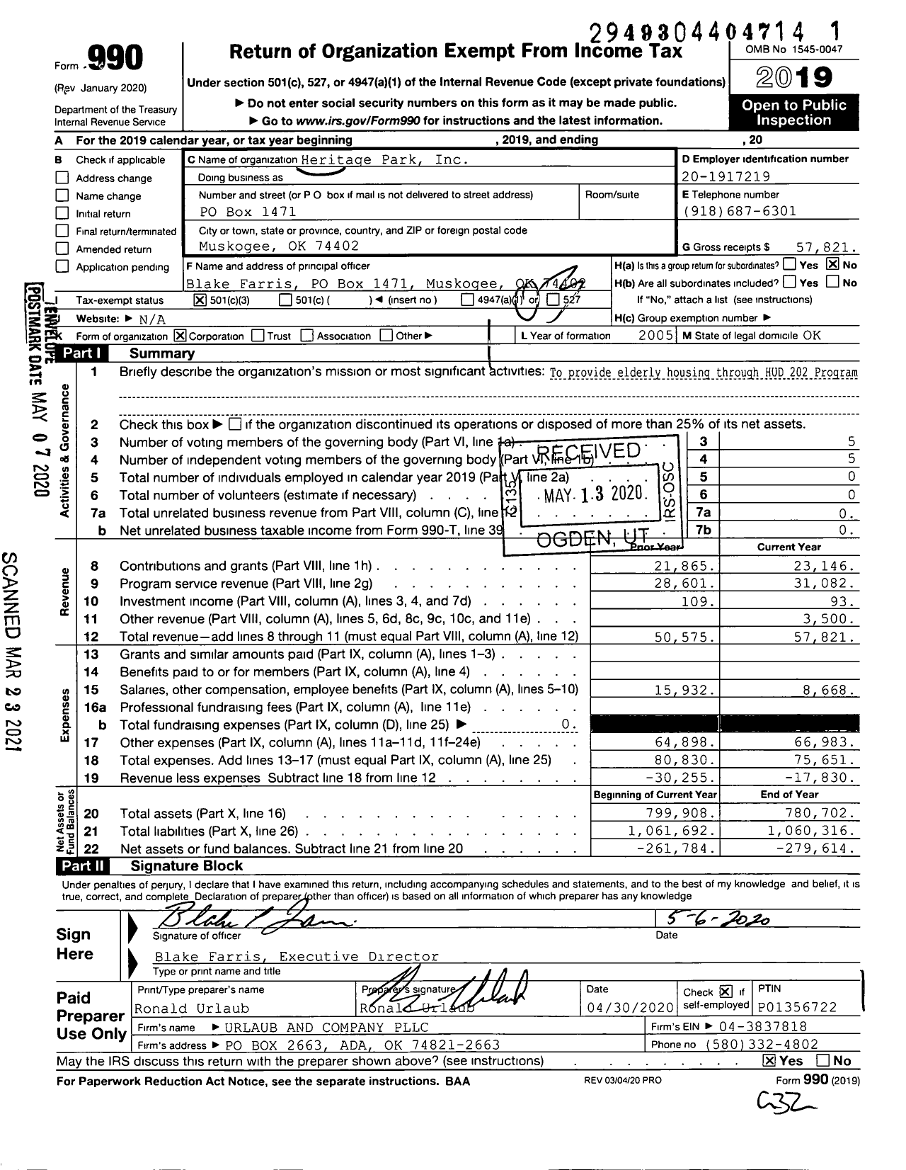 Image of first page of 2019 Form 990 for Heritage Park