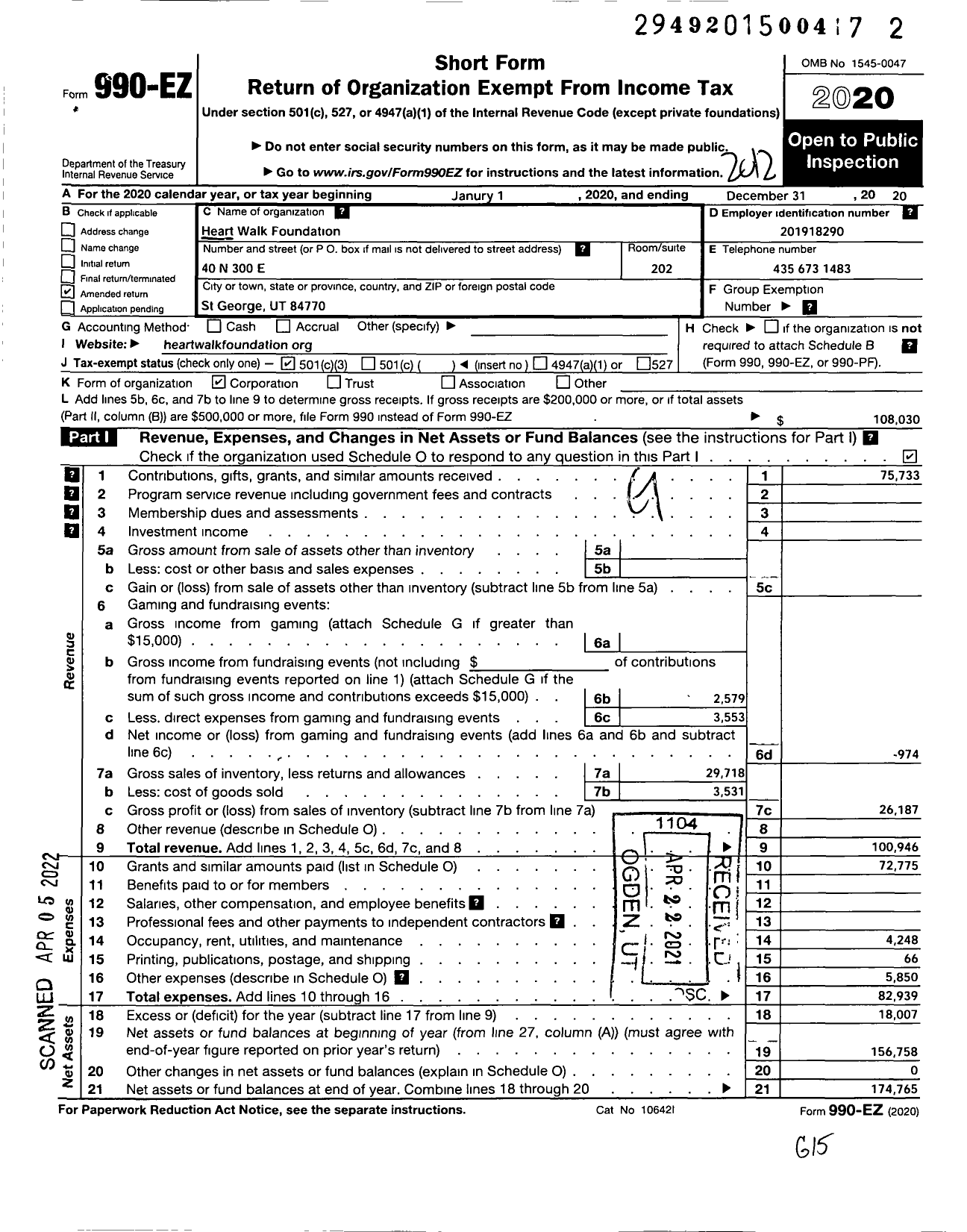 Image of first page of 2020 Form 990EZ for Heart Walk Foundation