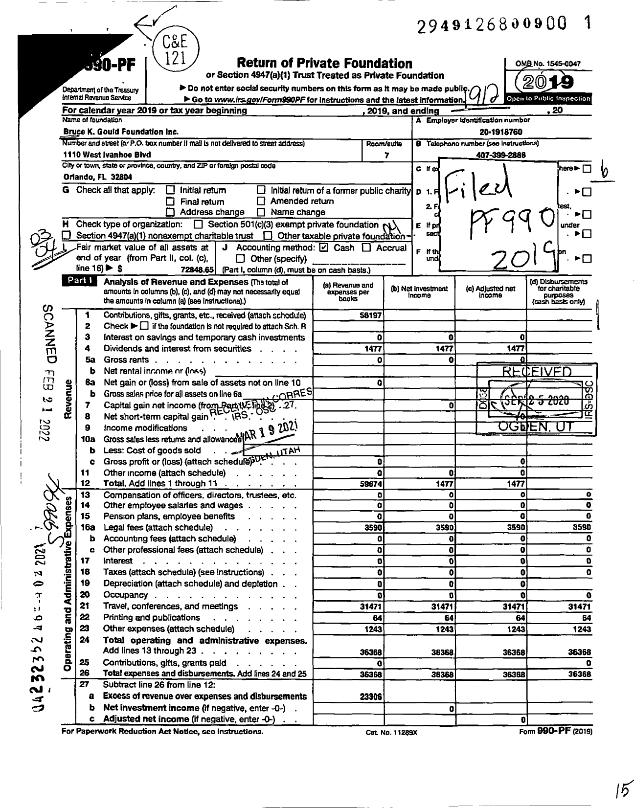 Image of first page of 2019 Form 990PF for Bruce K Gould Foundation