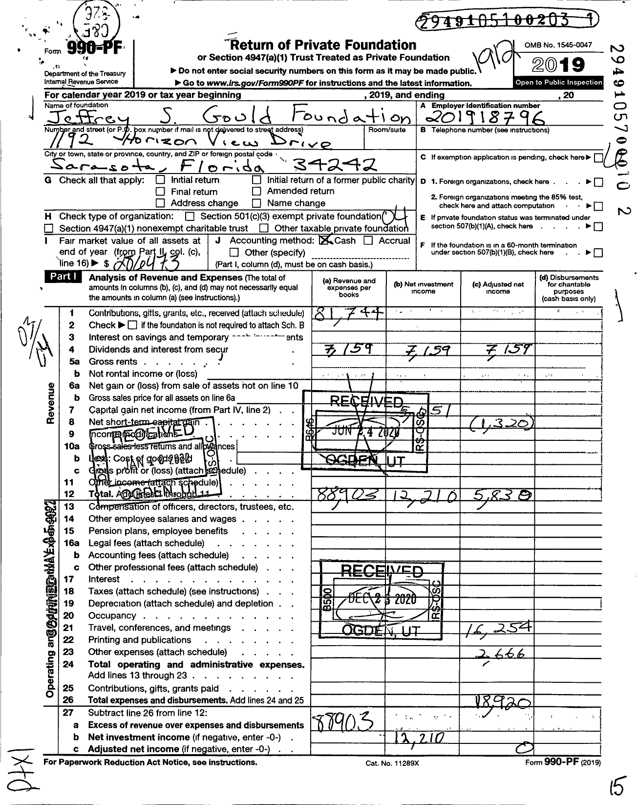 Image of first page of 2019 Form 990PF for Jeffrey S Gould Foundation