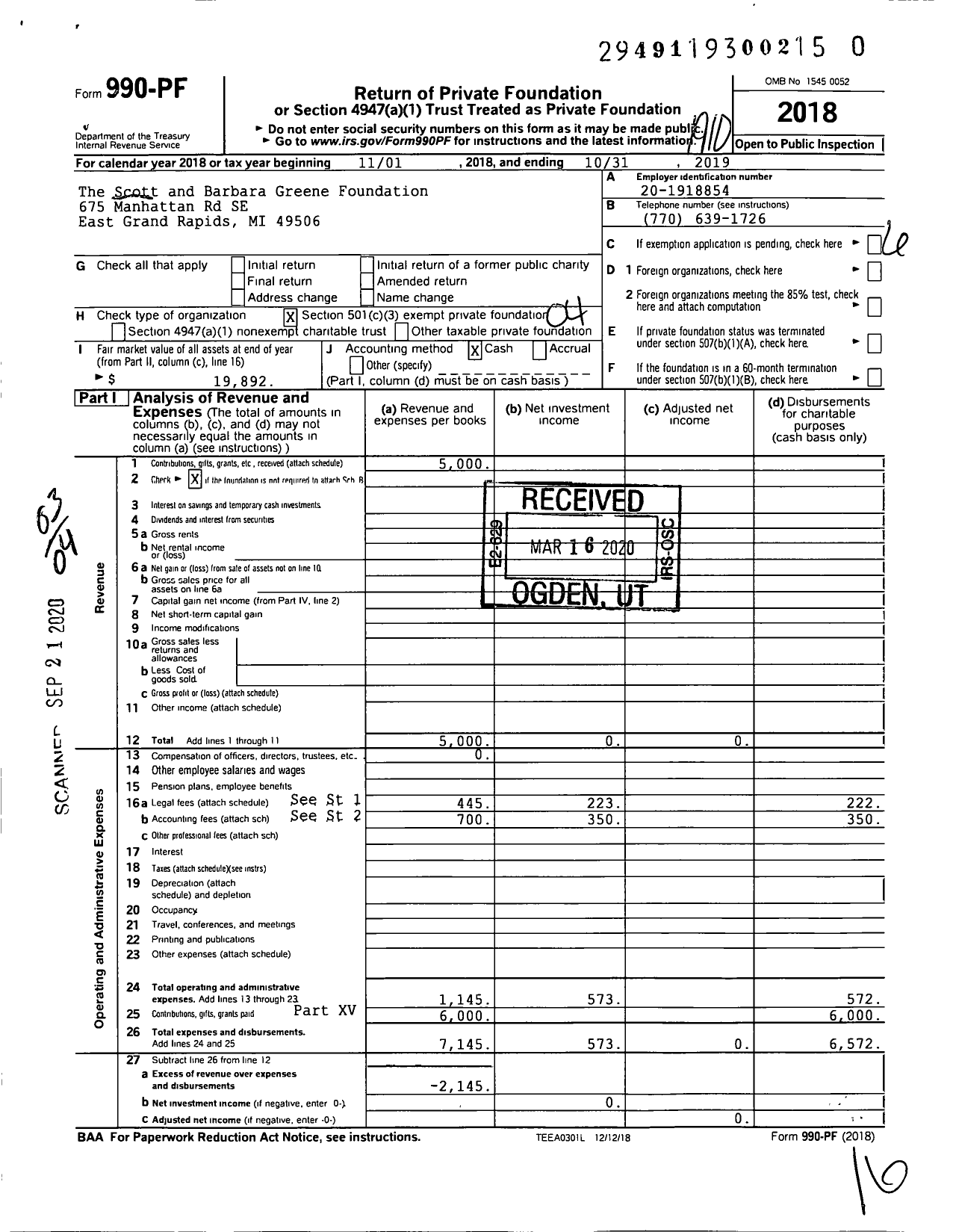 Image of first page of 2018 Form 990PR for The Scott and Barbara Greene Foundation