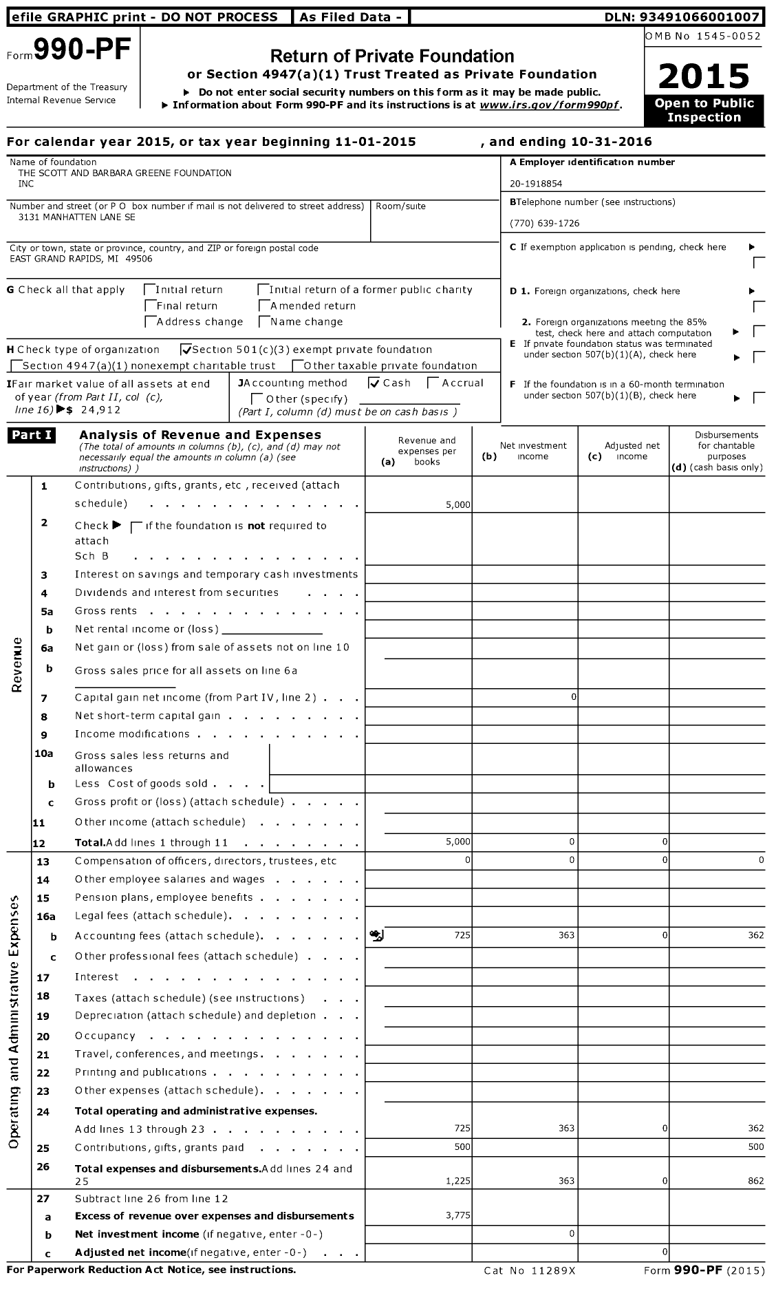 Image of first page of 2015 Form 990PF for The Scott and Barbara Greene Foundation