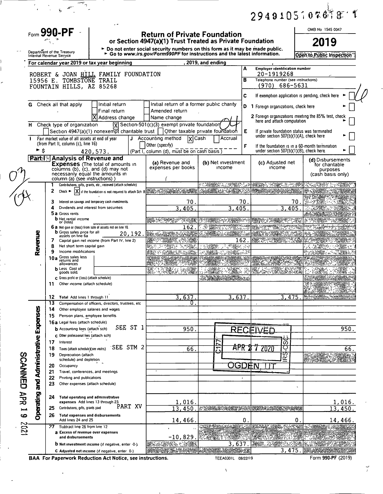 Image of first page of 2019 Form 990PF for Robert and Joan Hill Family Foundation