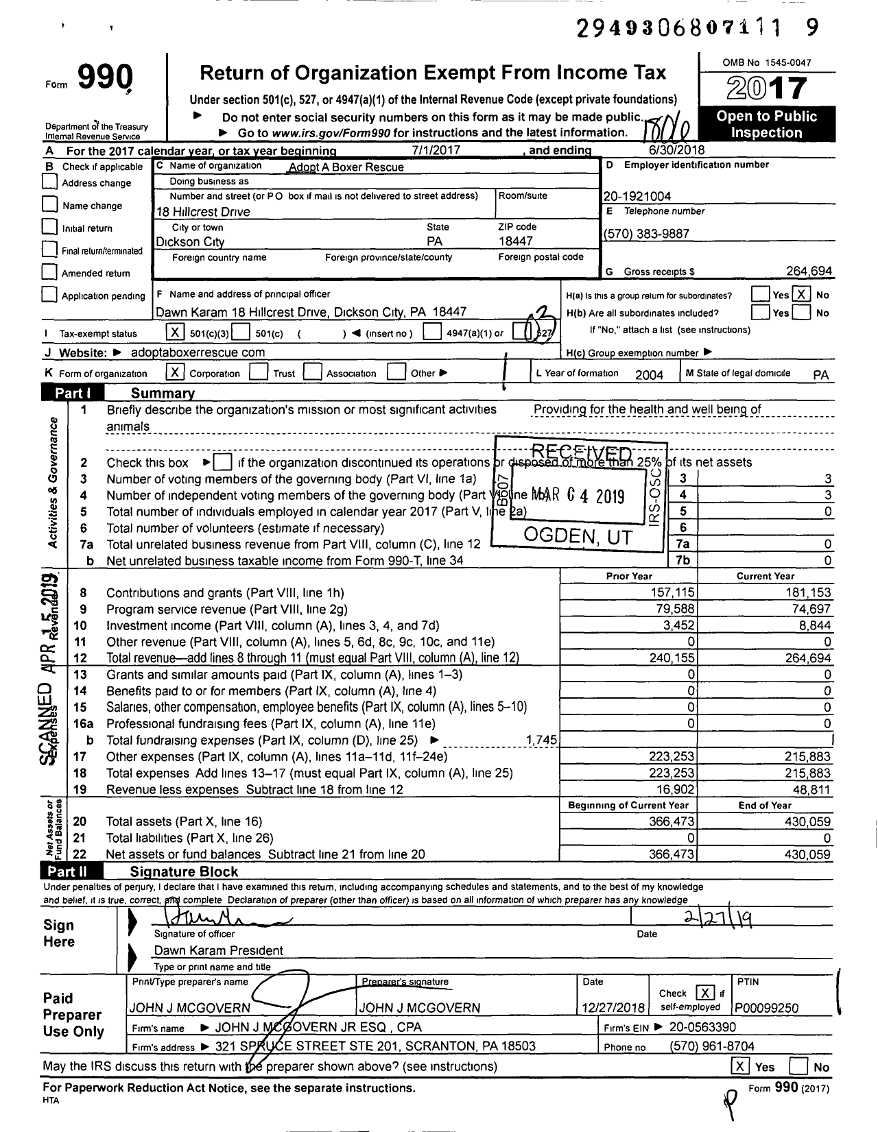Image of first page of 2017 Form 990 for Adopt A Boxer Rescue
