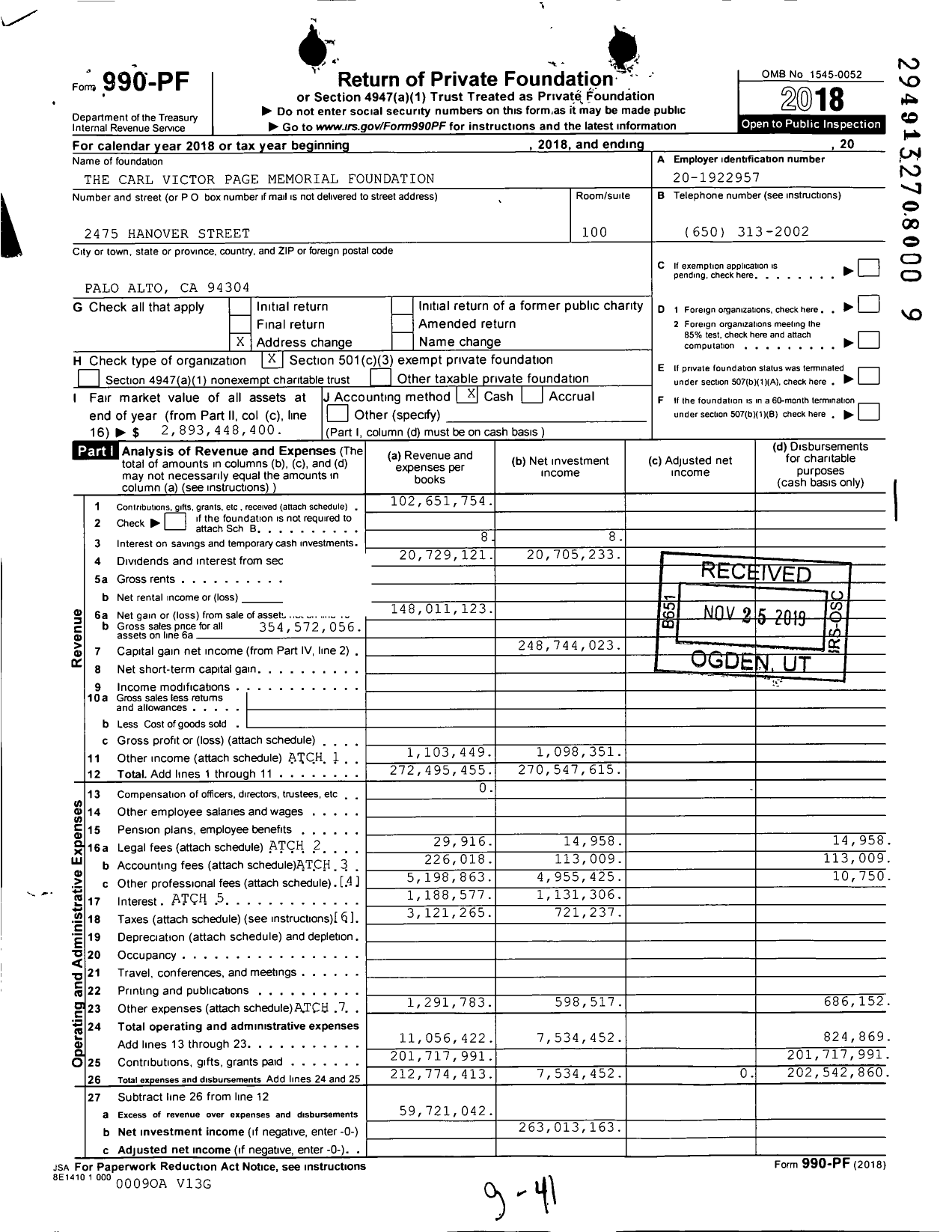 Image of first page of 2018 Form 990PF for The Carl Victor Page Memorial Foundation