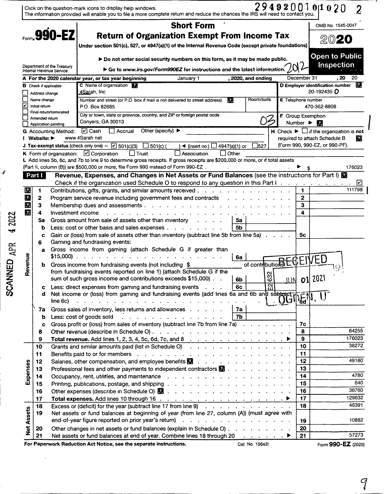 Image of first page of 2020 Form 990EZ for 4Sarah