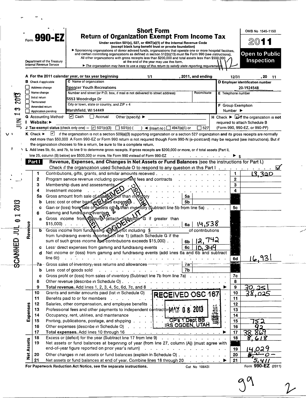 Image of first page of 2011 Form 990EZ for Spencer Youth Recreations