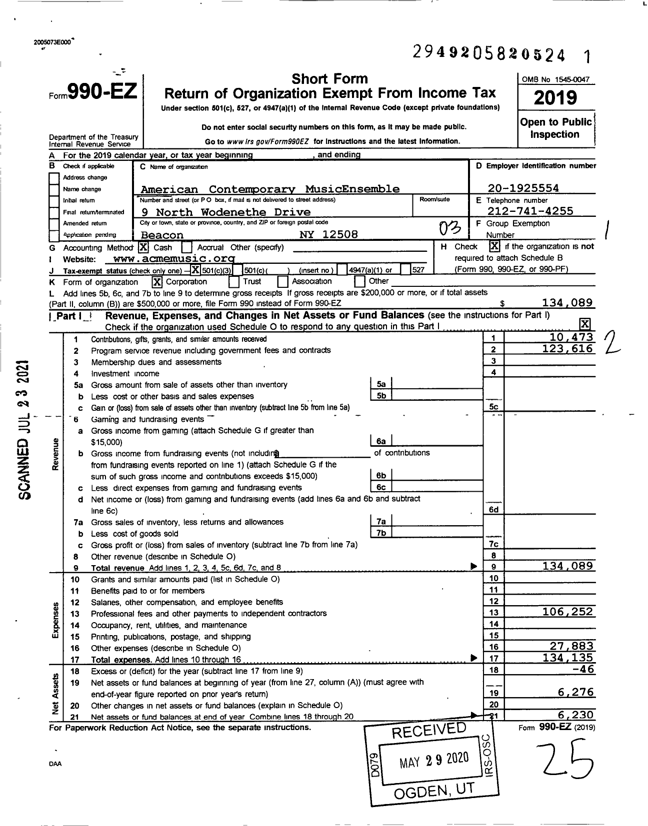 Image of first page of 2019 Form 990EZ for American Contemporary Musicensemble