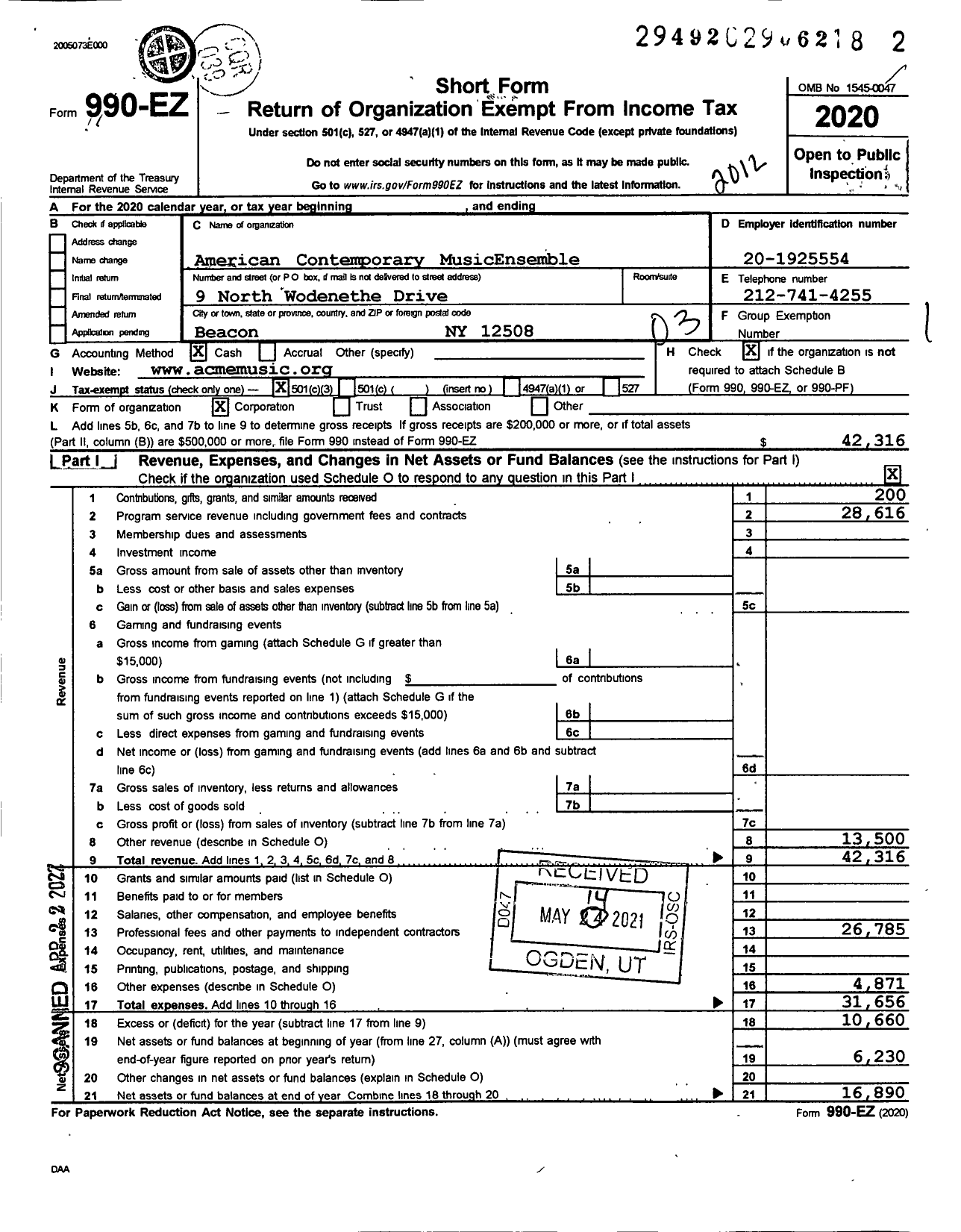 Image of first page of 2020 Form 990EZ for American Contemporary Musicensemble