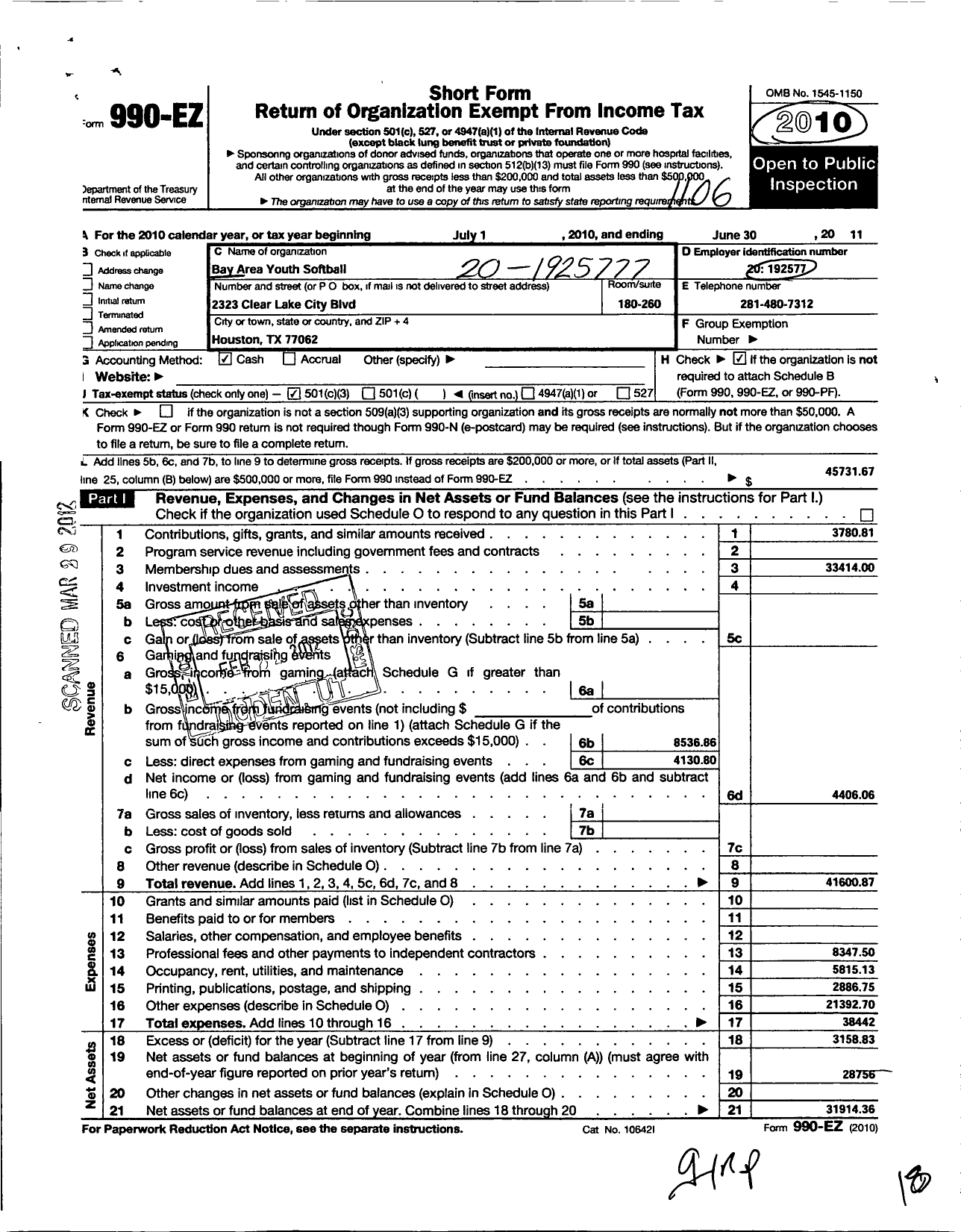 Image of first page of 2010 Form 990EZ for Bay Area Youth Softball