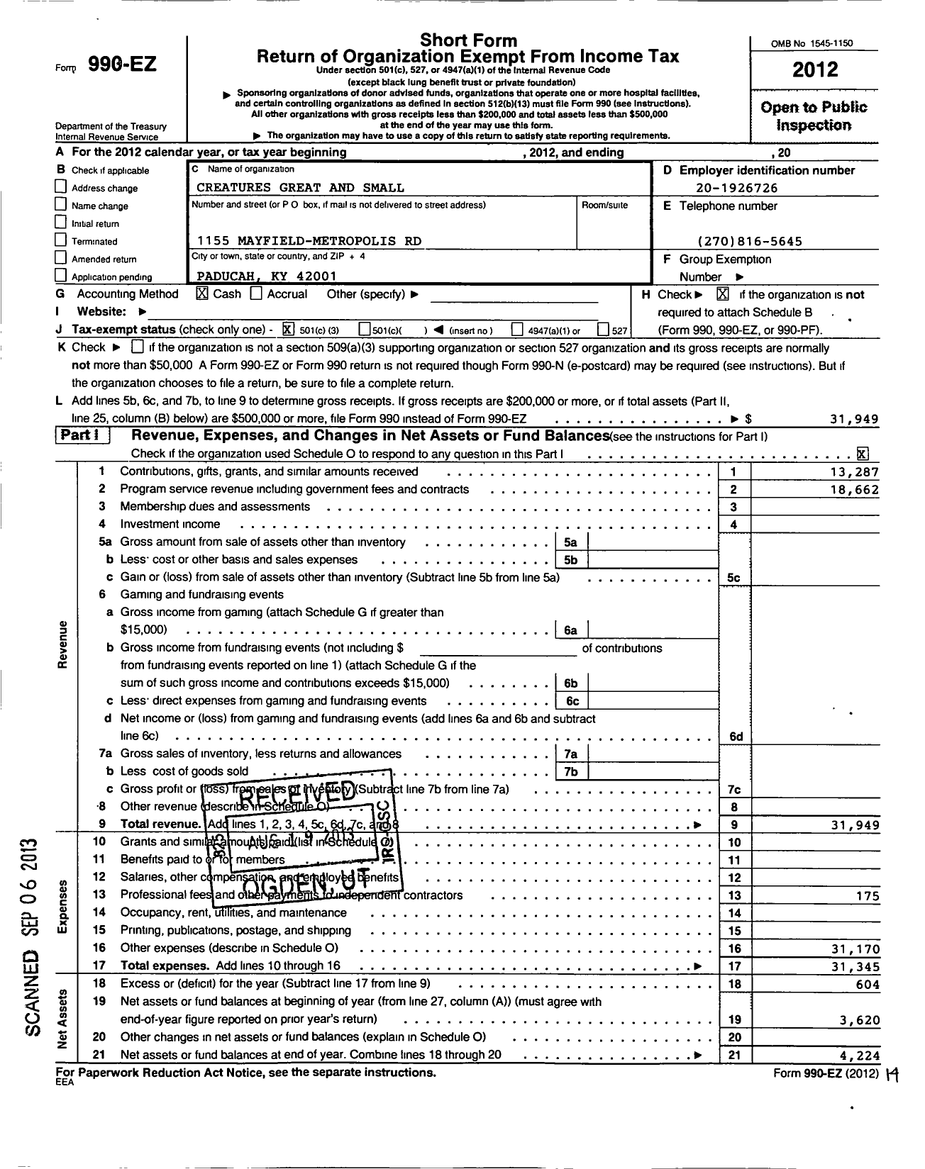 Image of first page of 2012 Form 990EZ for Creatures Great and Small