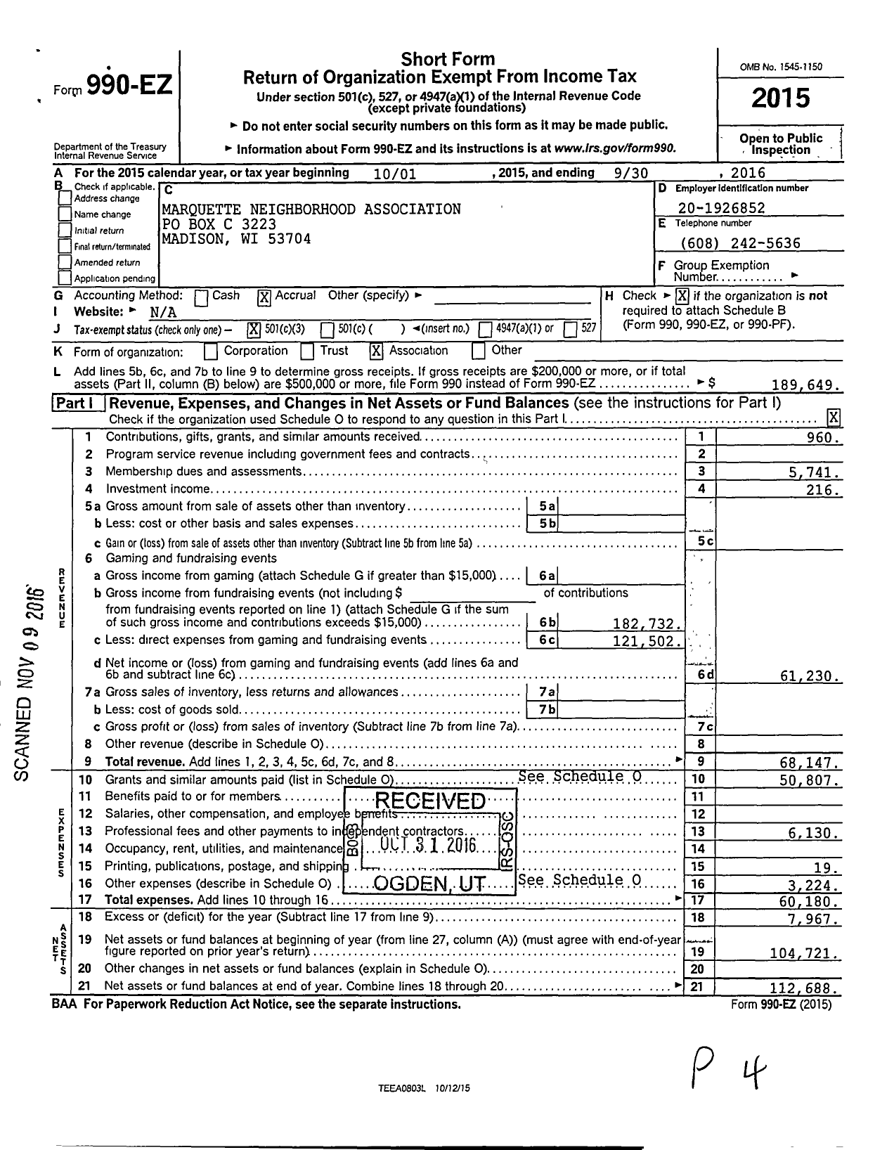 Image of first page of 2015 Form 990EZ for Marquette Neighborhood Association
