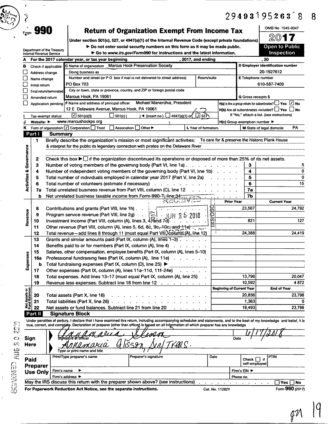 Image of first page of 2017 Form 990 for Marcus Hook Preservation Society