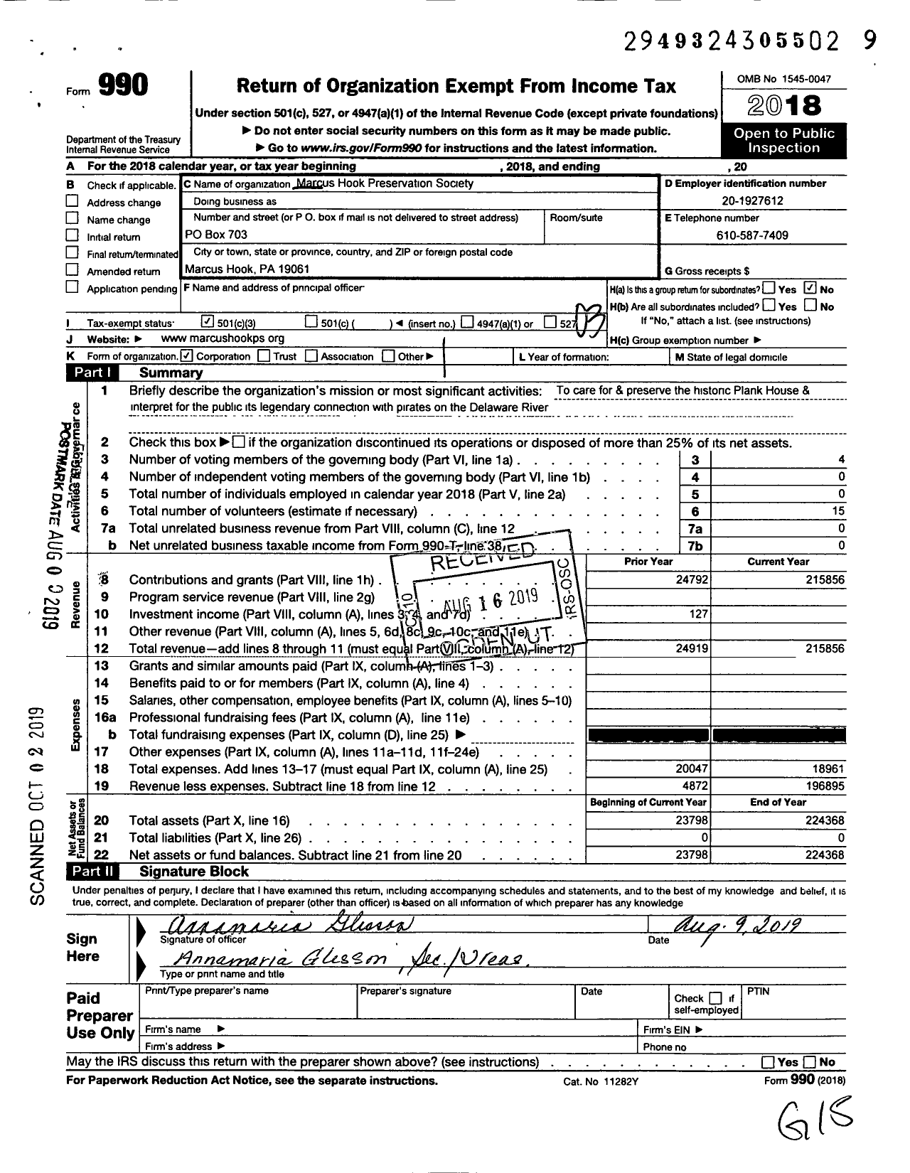 Image of first page of 2018 Form 990 for Marcus Hook Preservation Society