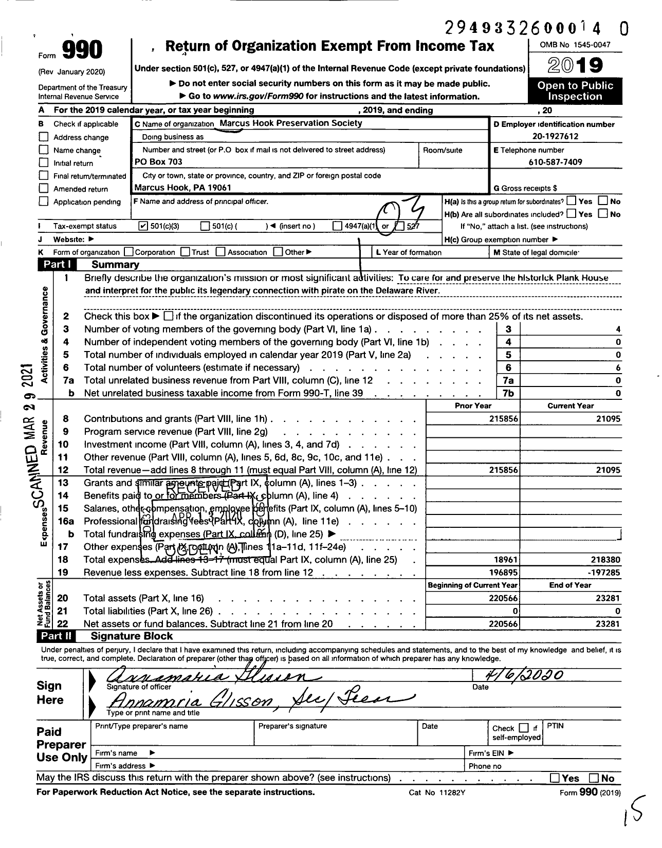 Image of first page of 2019 Form 990 for Marcus Hook Preservation Society