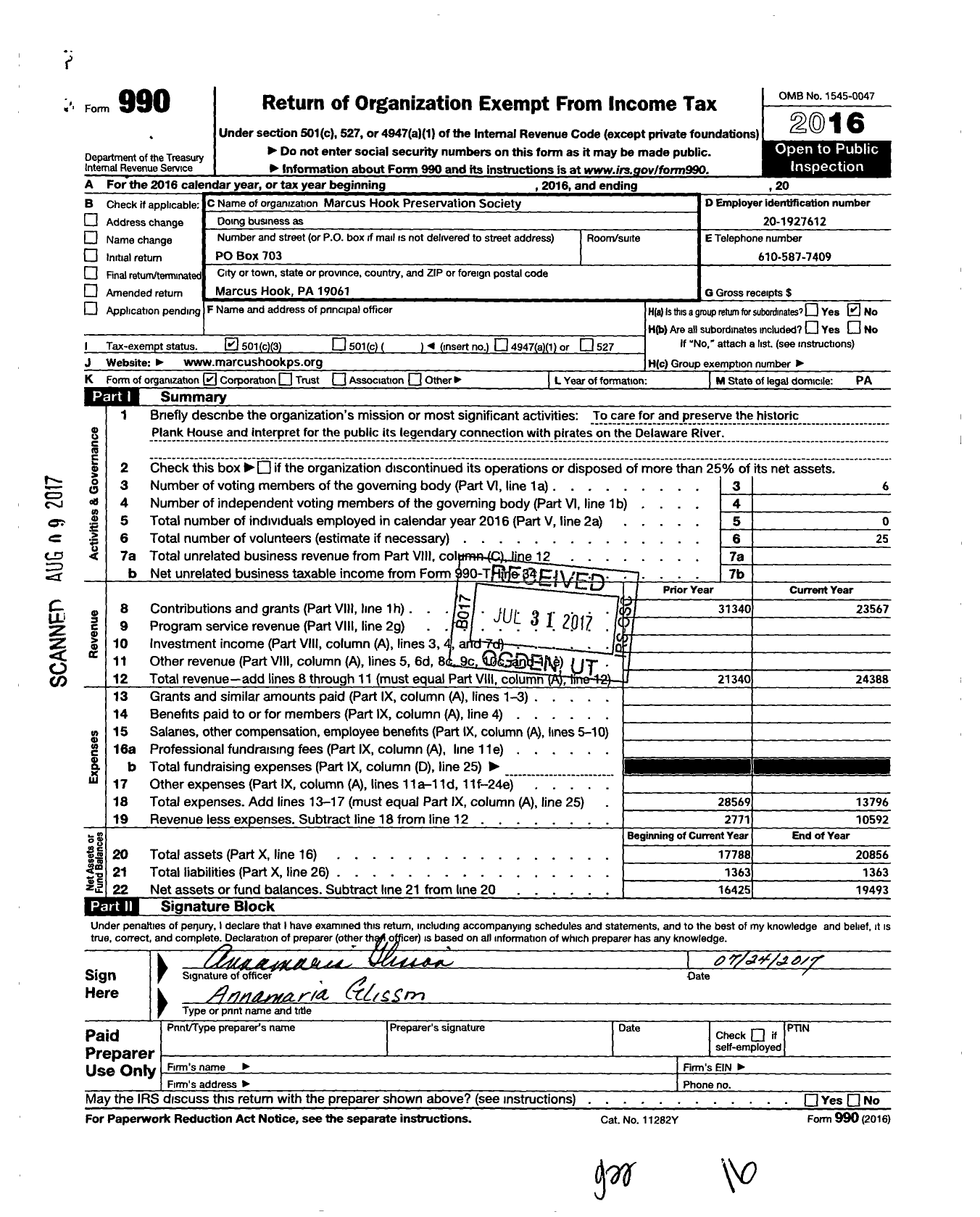 Image of first page of 2016 Form 990 for Marcus Hook Preservation Society