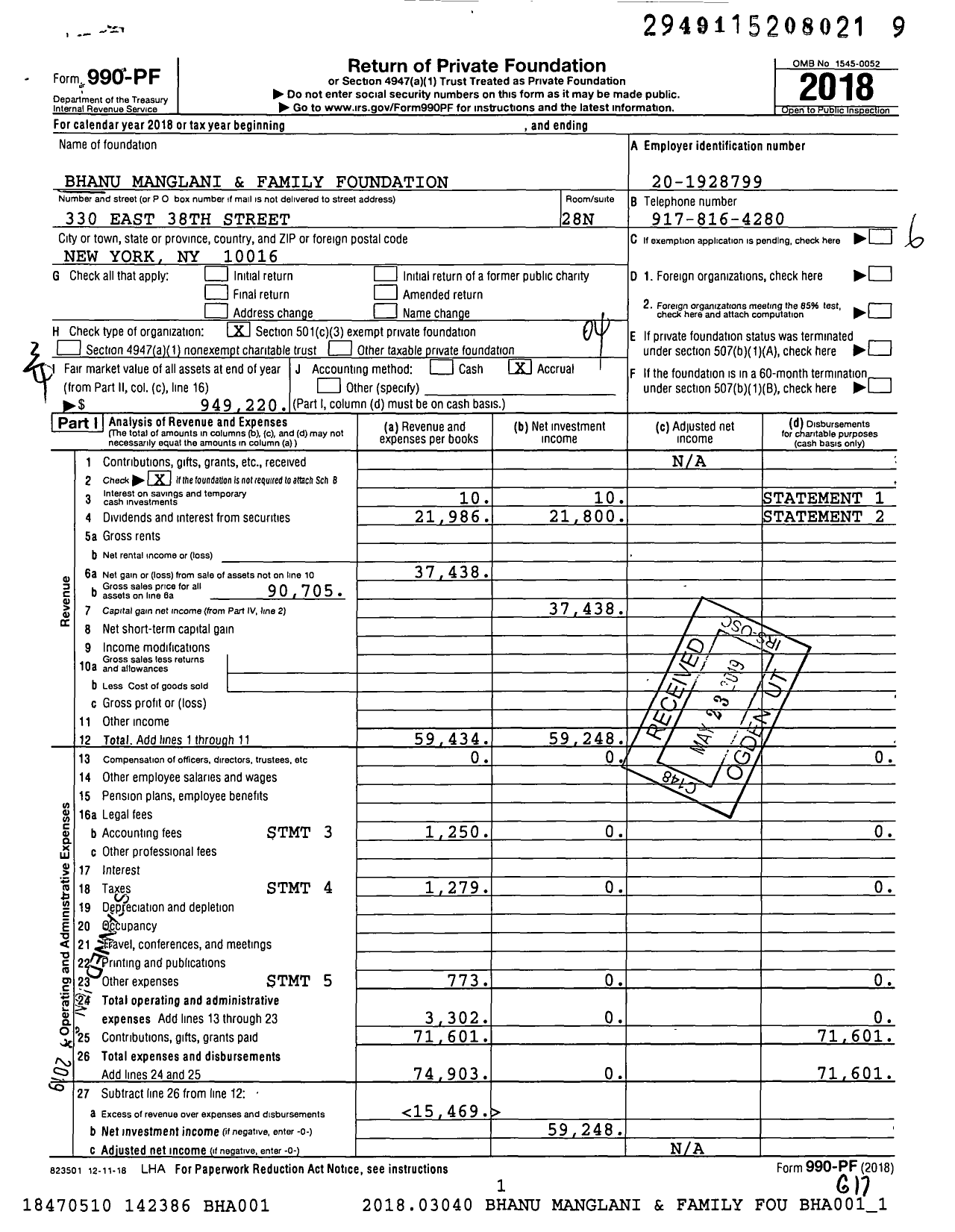 Image of first page of 2018 Form 990PF for Bhanu Manglani and Family Foundation