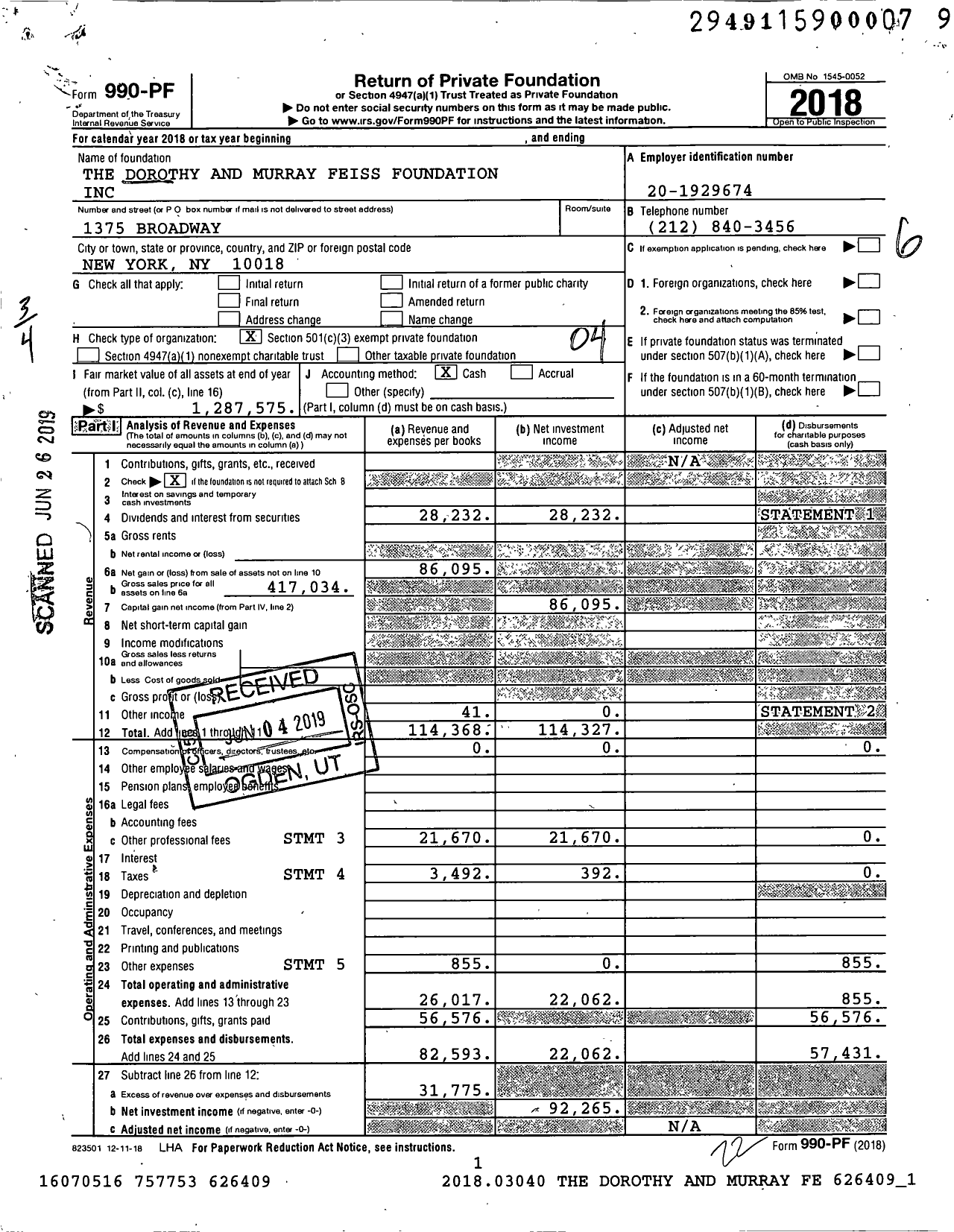 Image of first page of 2018 Form 990PF for The Dorothy and Murray Feiss Foundation