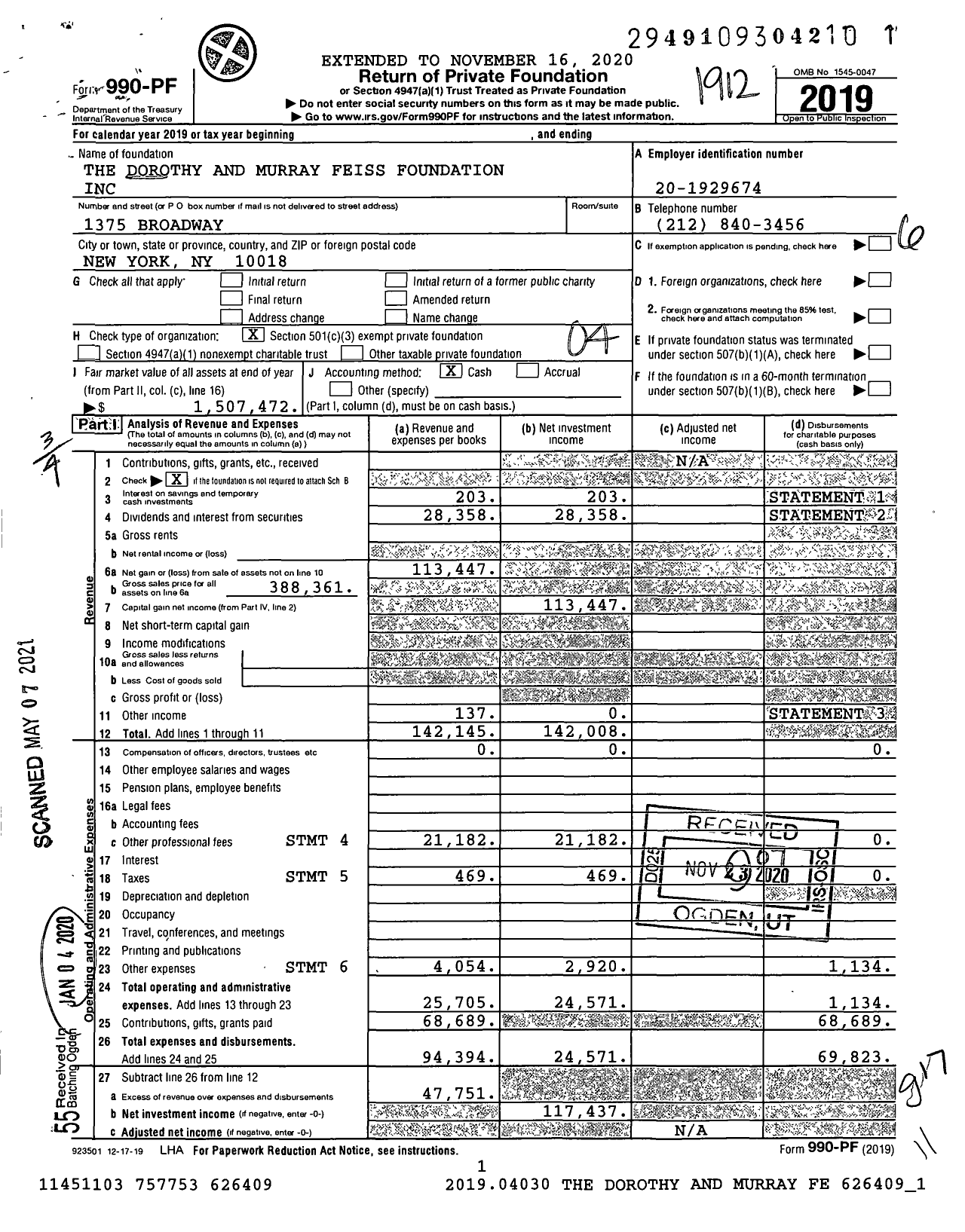 Image of first page of 2019 Form 990PF for The Dorothy and Murray Feiss Foundation