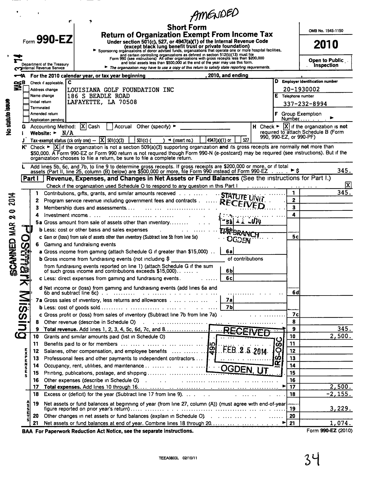 Image of first page of 2010 Form 990EZ for Louisiana Golf Foundation