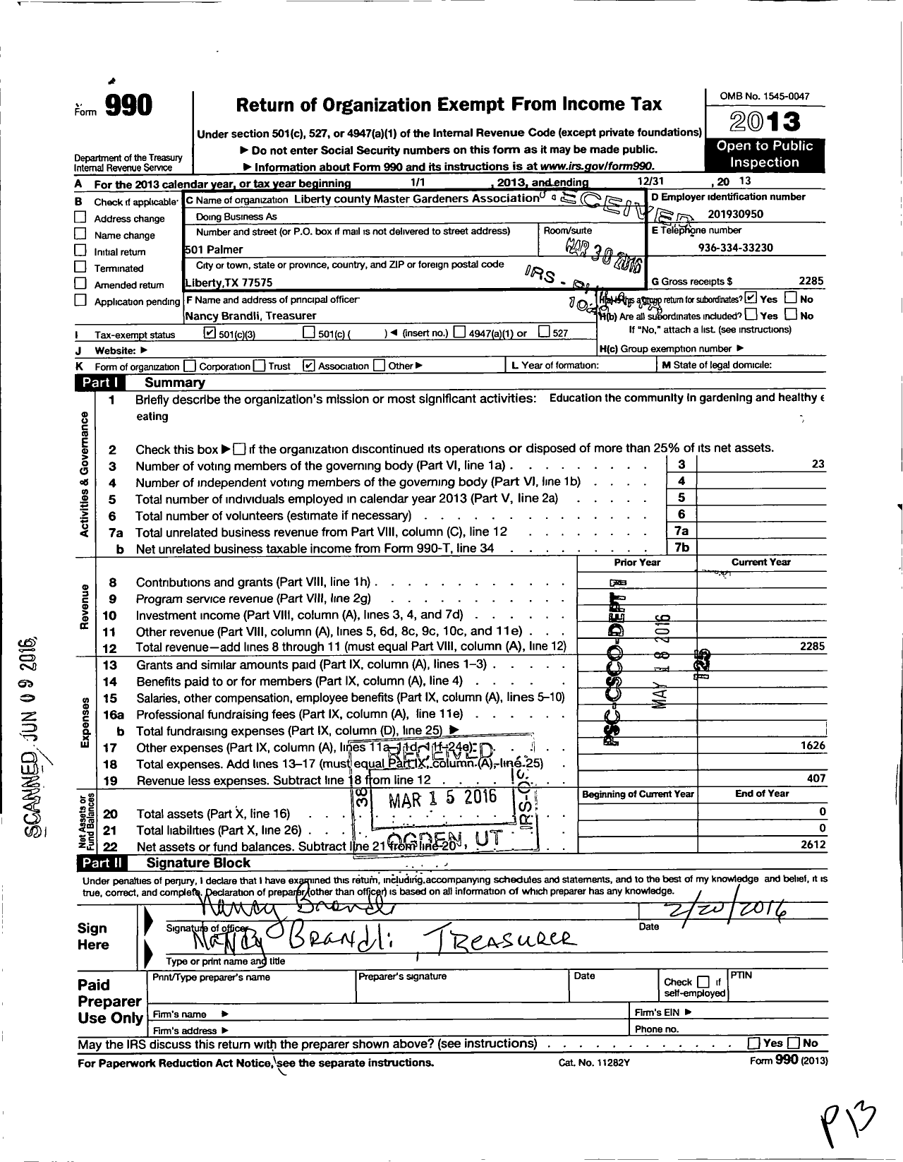 Image of first page of 2013 Form 990 for Texas Master Gardener Association / Liberty County Master Gardener Assc