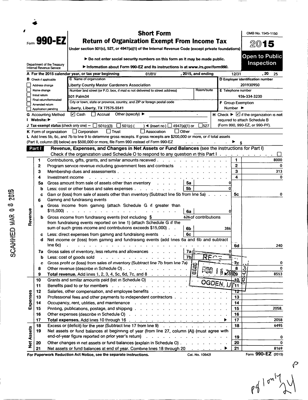 Image of first page of 2015 Form 990EO for Texas Master Gardener Association / Liberty County Master Gardener Assc