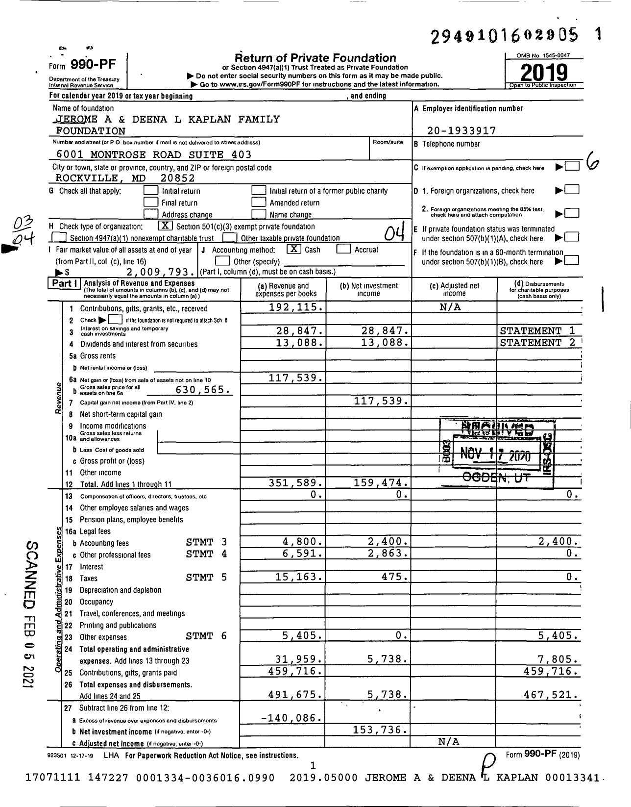 Image of first page of 2019 Form 990PF for Jerome A and Deena L Kaplan Family Foundation