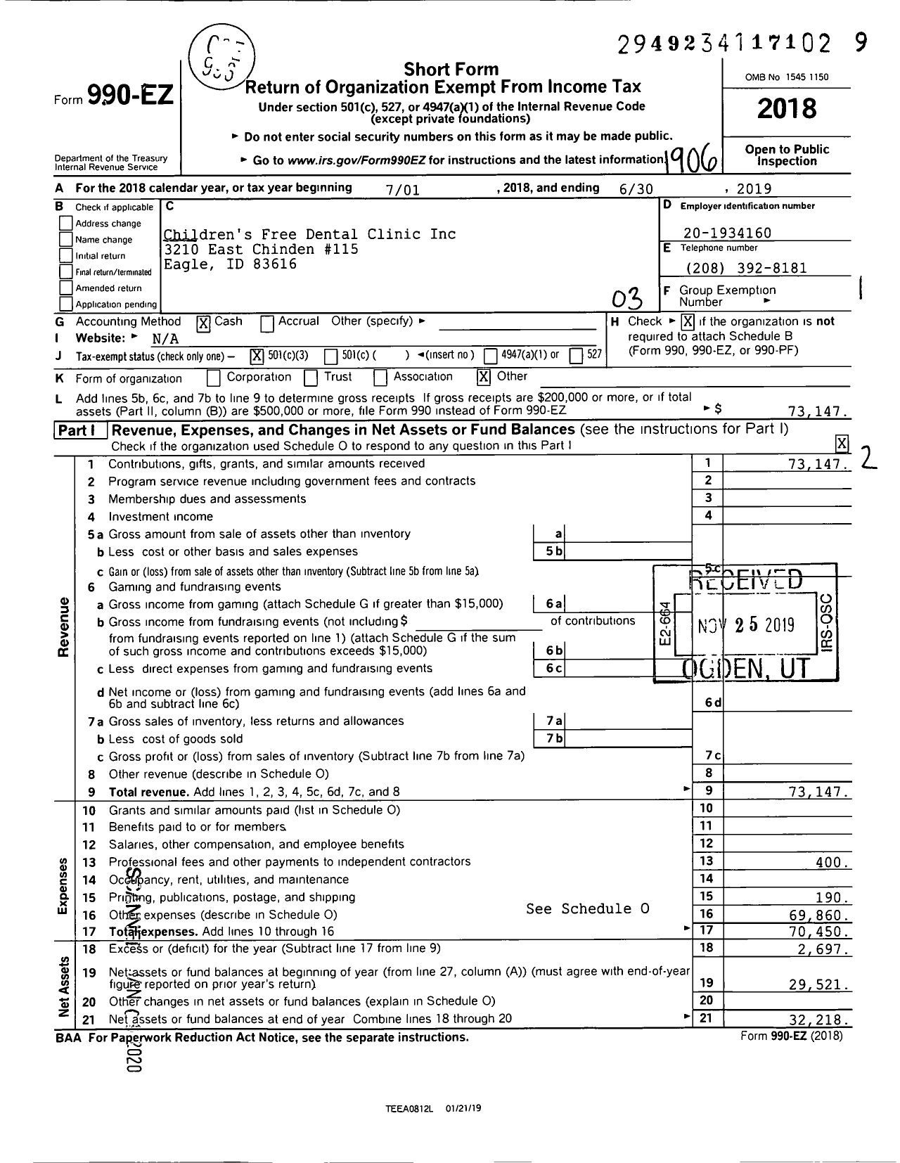 Image of first page of 2018 Form 990EZ for Childrens Free Dental Clinic