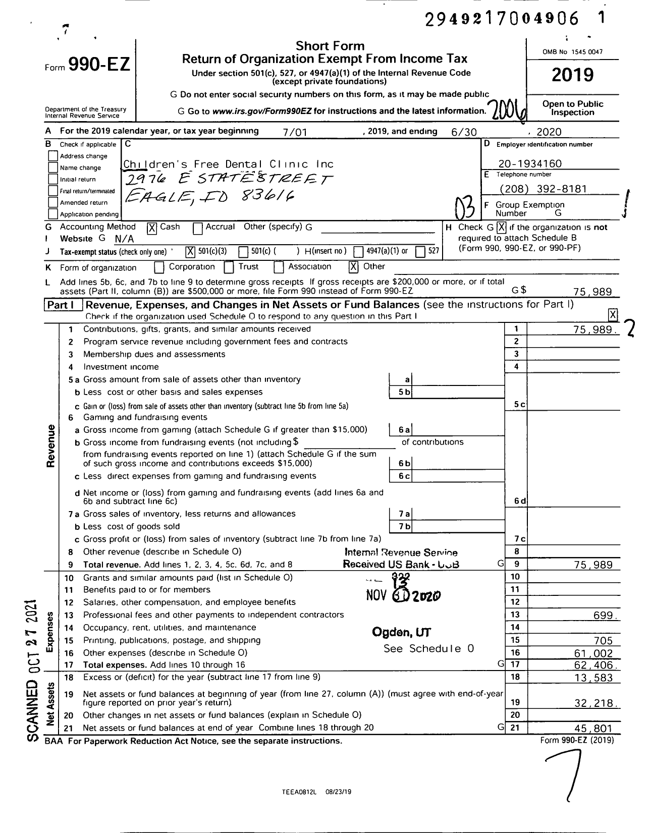 Image of first page of 2019 Form 990EZ for Childrens Free Dental Clinic