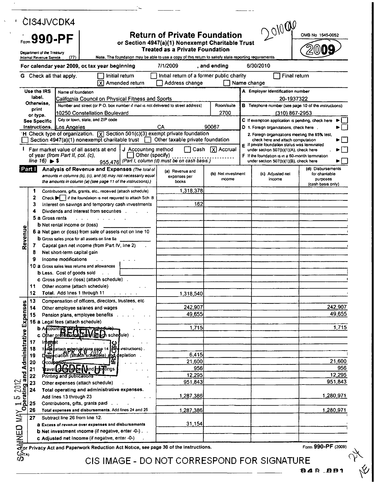 Image of first page of 2009 Form 990PF for California Council on Physical Fitness and Sports