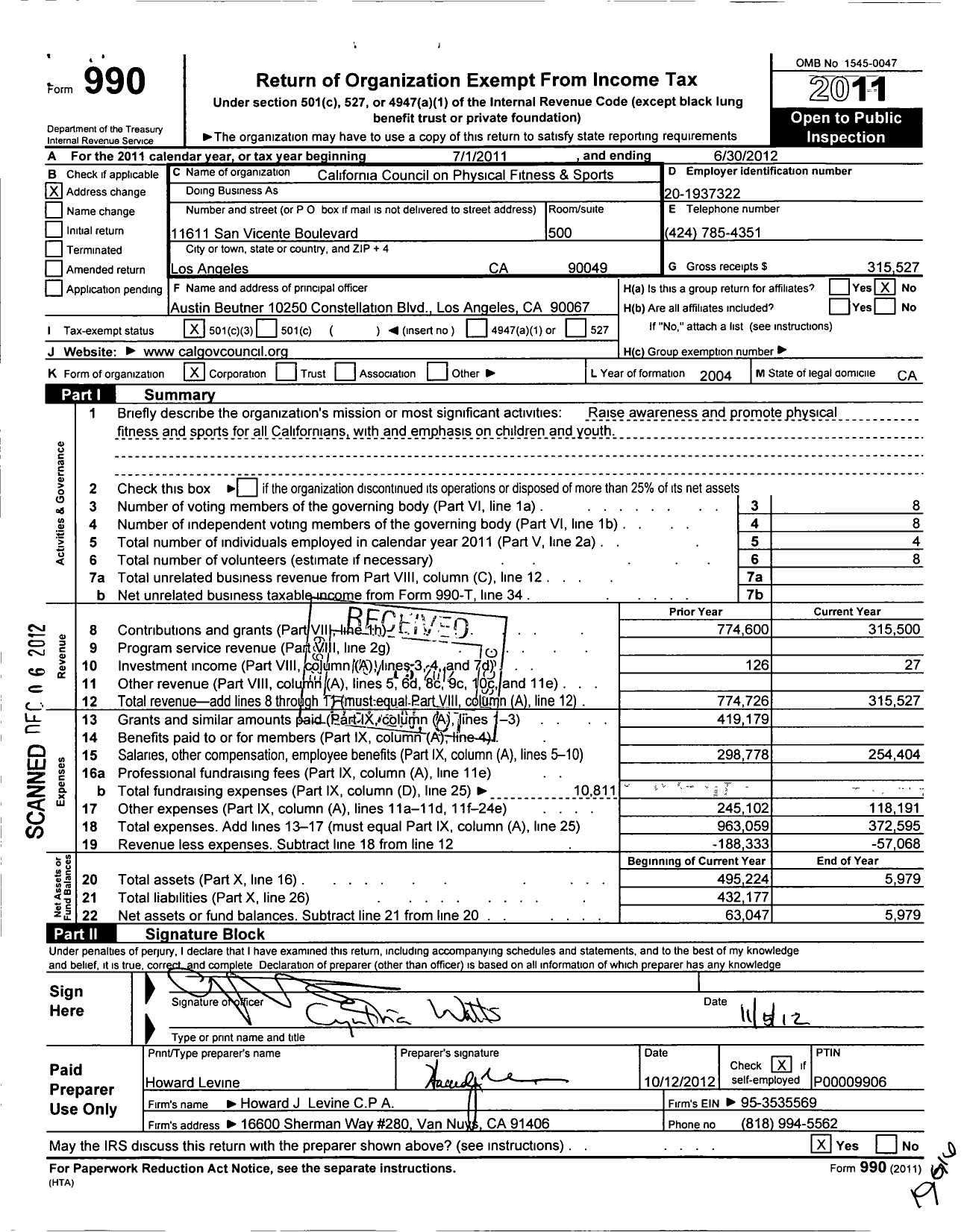 Image of first page of 2011 Form 990 for California Council on Physical Fitness and Sports