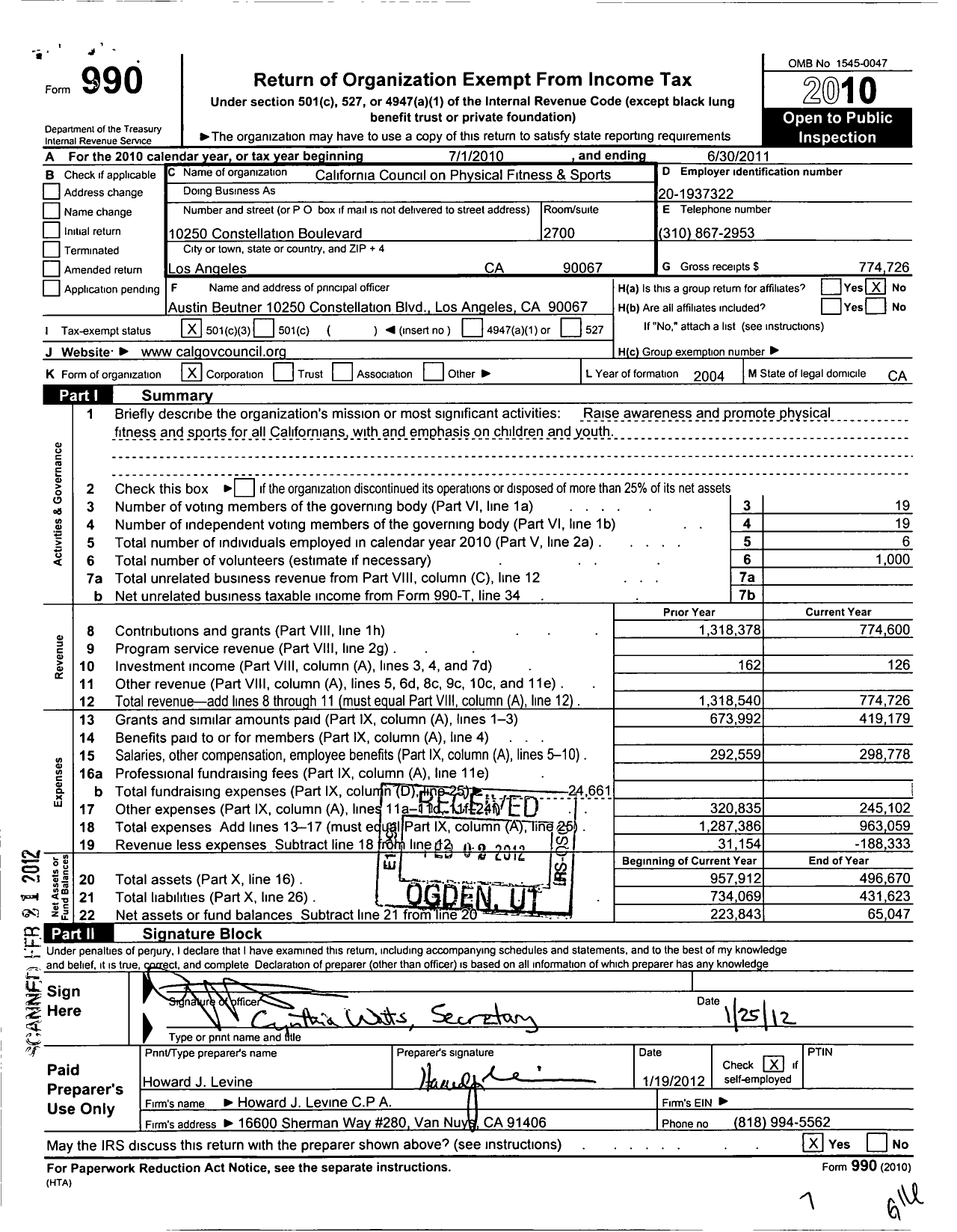 Image of first page of 2010 Form 990 for California Council on Physical Fitness and Sports